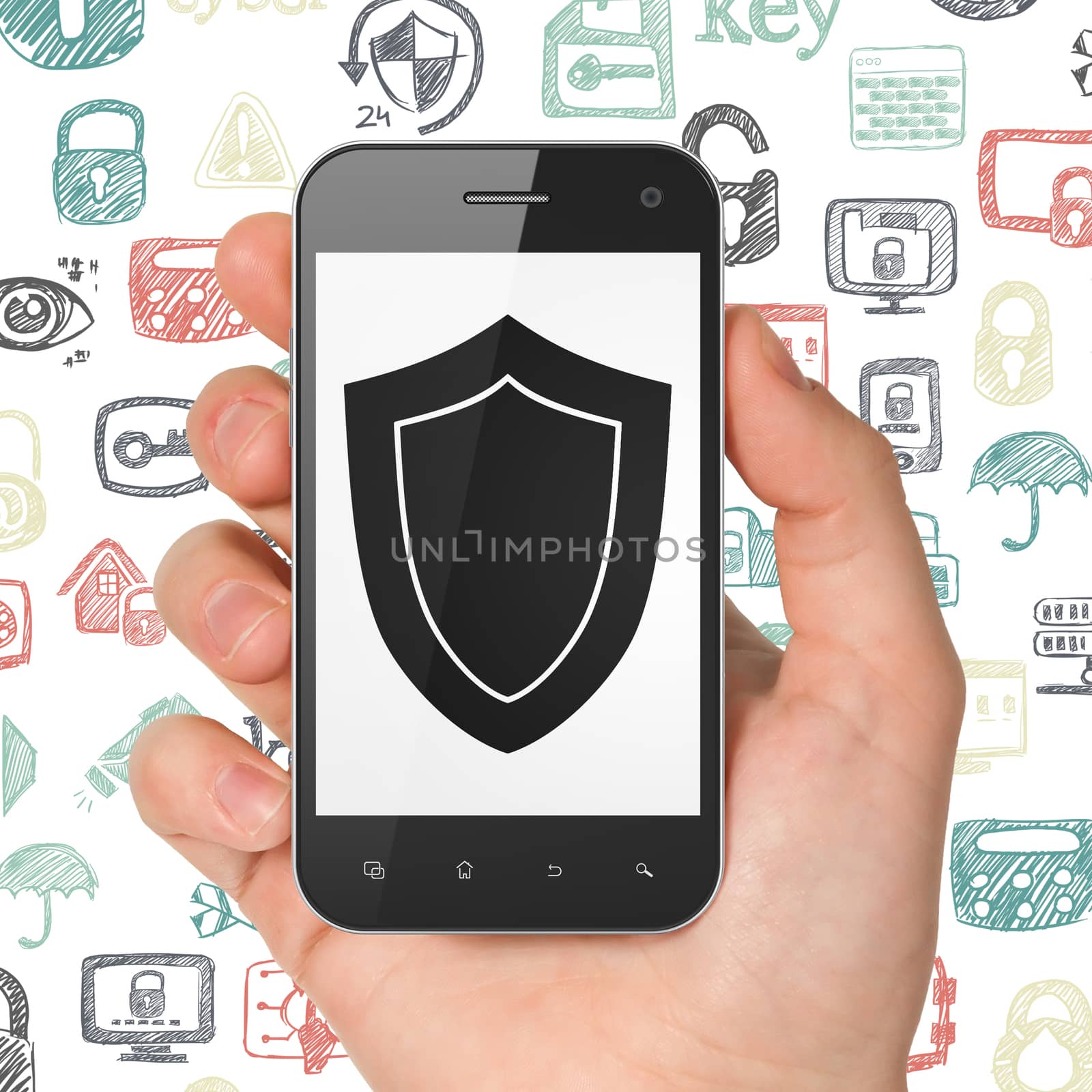 Protection concept: Hand Holding Smartphone with  black Shield icon on display,  Hand Drawn Security Icons background, 3D rendering