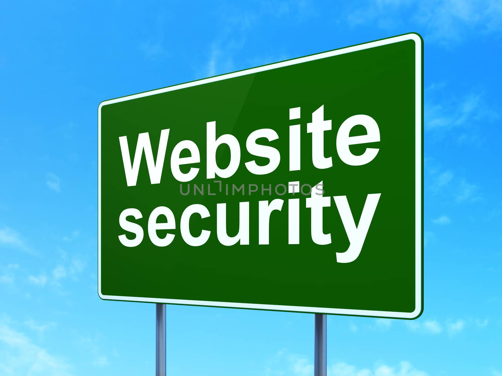 Protection concept: Website Security on green road highway sign, clear blue sky background, 3D rendering