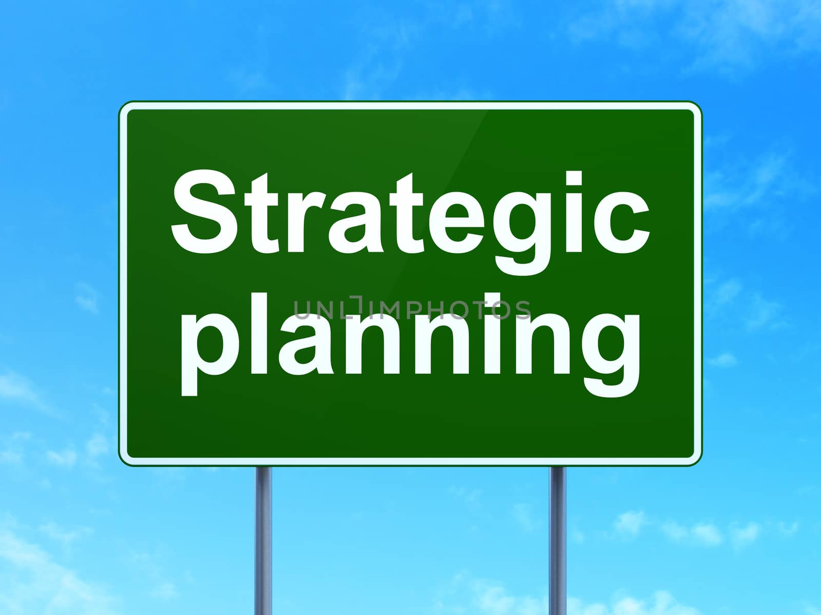 Business concept: Strategic Planning on green road highway sign, clear blue sky background, 3D rendering