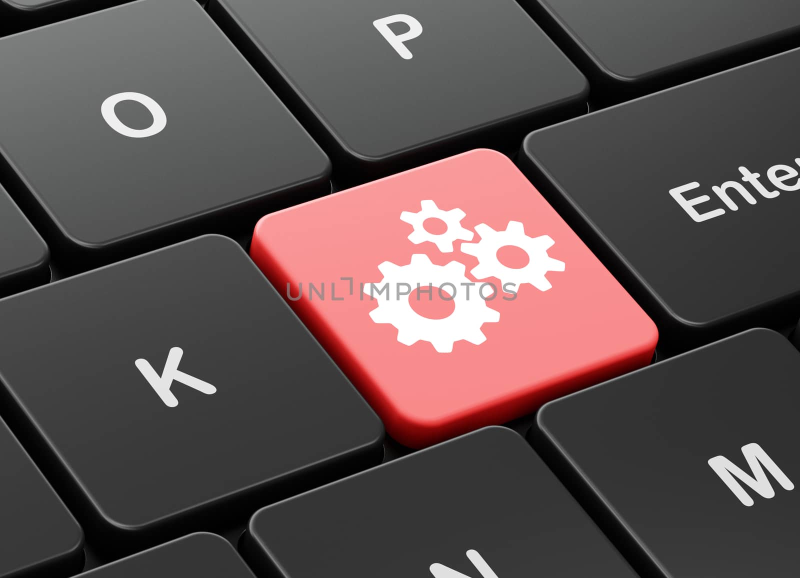Business concept: computer keyboard with Gears icon on enter button background, 3D rendering