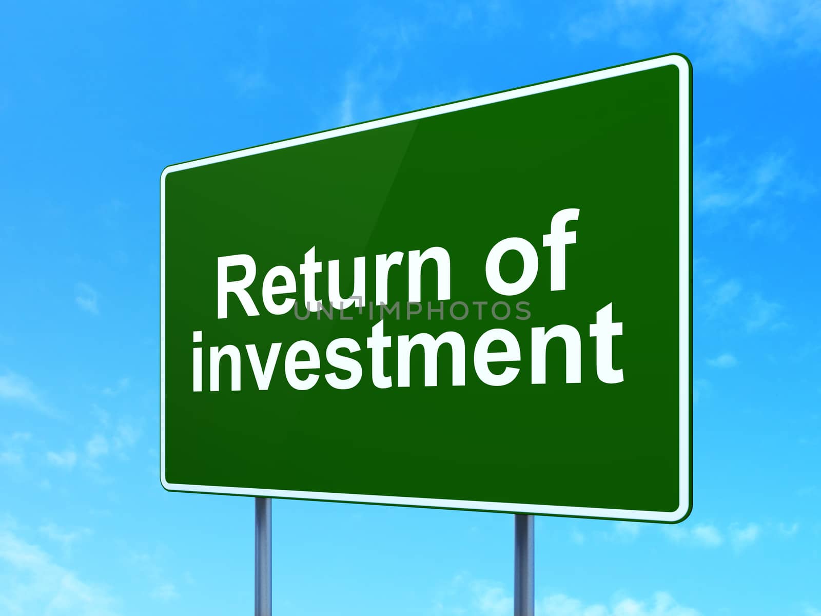 Finance concept: Return of Investment on green road highway sign, clear blue sky background, 3D rendering