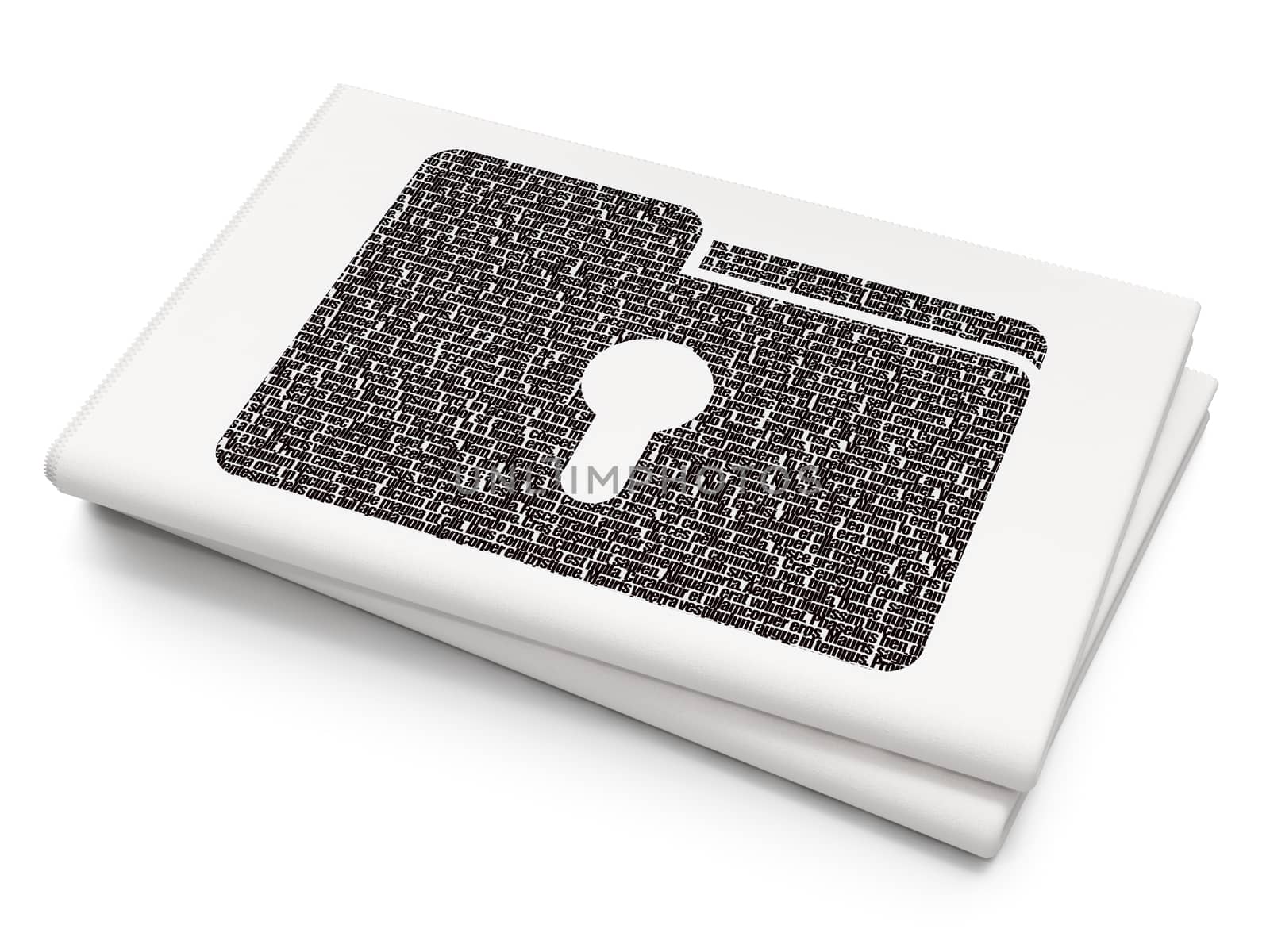 Business concept: Pixelated black Folder With Keyhole icon on Blank Newspaper background, 3D rendering