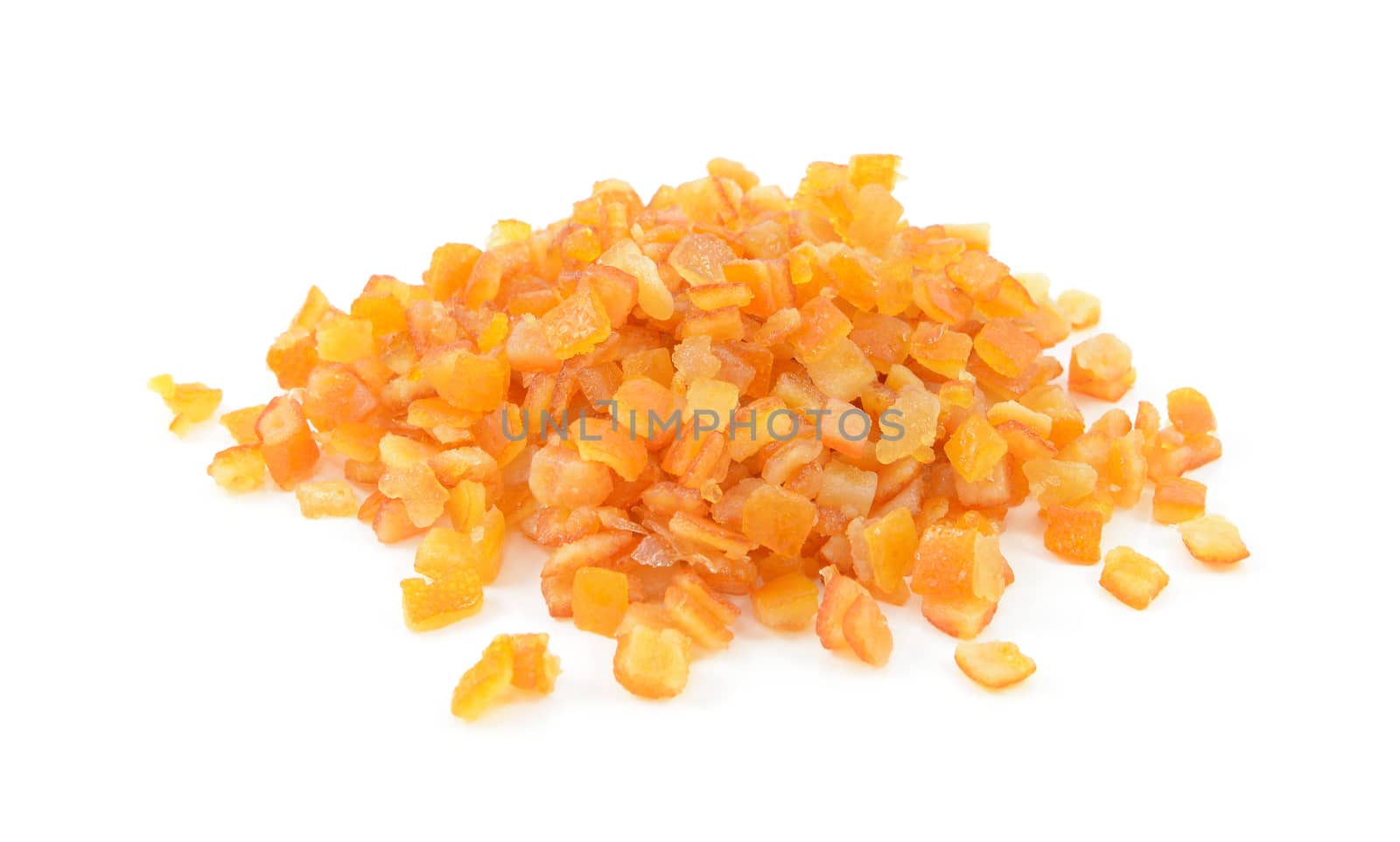 Mixed peel, chopped orange and lemon zest for baking, isolated on a white background