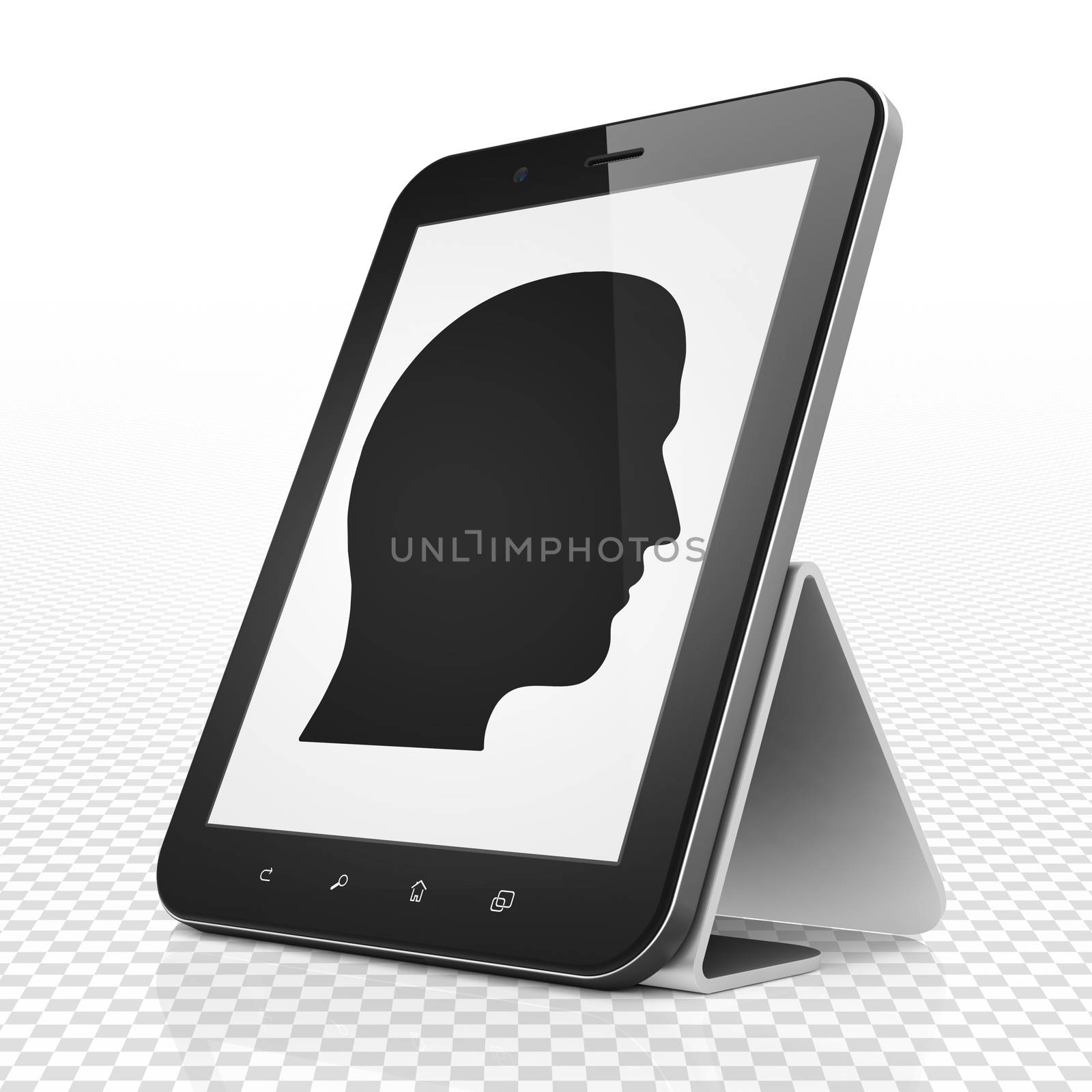 Advertising concept: Tablet Computer with black Head icon on display, 3D rendering