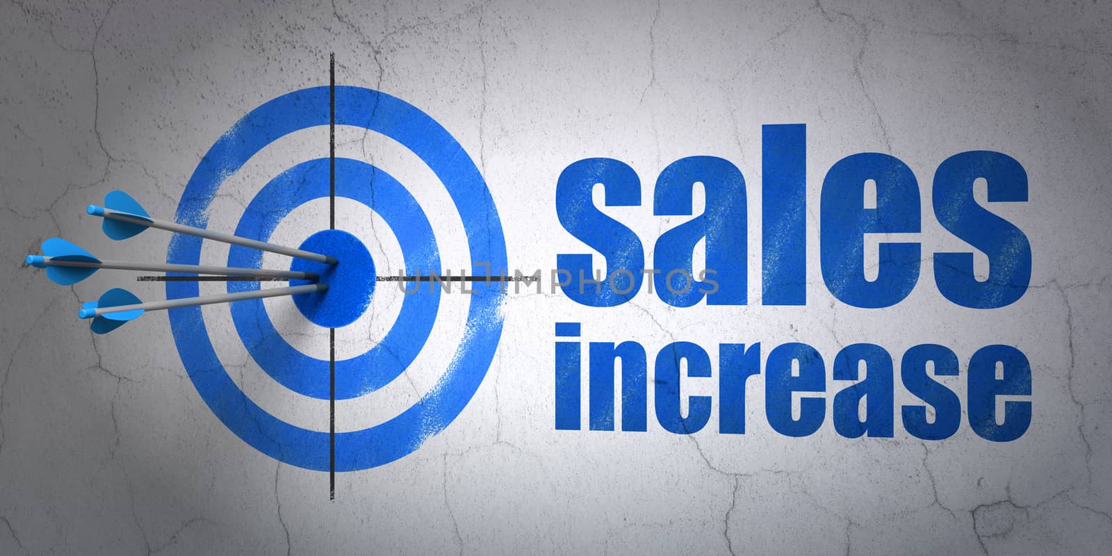 Success marketing concept: arrows hitting the center of target, Blue Sales Increase on wall background, 3D rendering