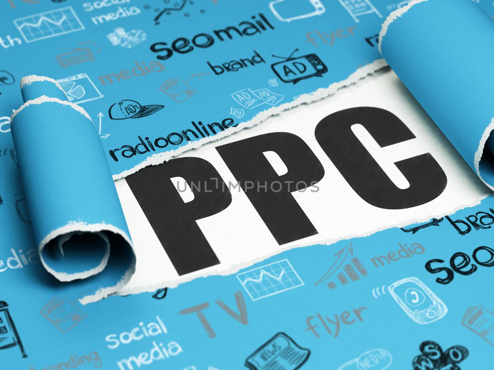 Advertising concept: black text PPC under the curled piece of Blue torn paper with  Hand Drawn Marketing Icons, 3D rendering
