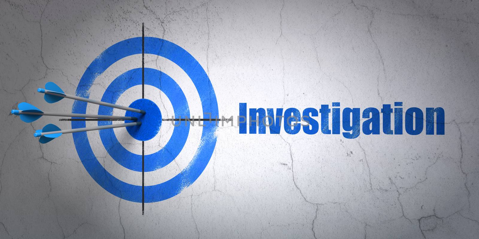Success Science concept: arrows hitting the center of target, Blue Investigation on wall background, 3D rendering