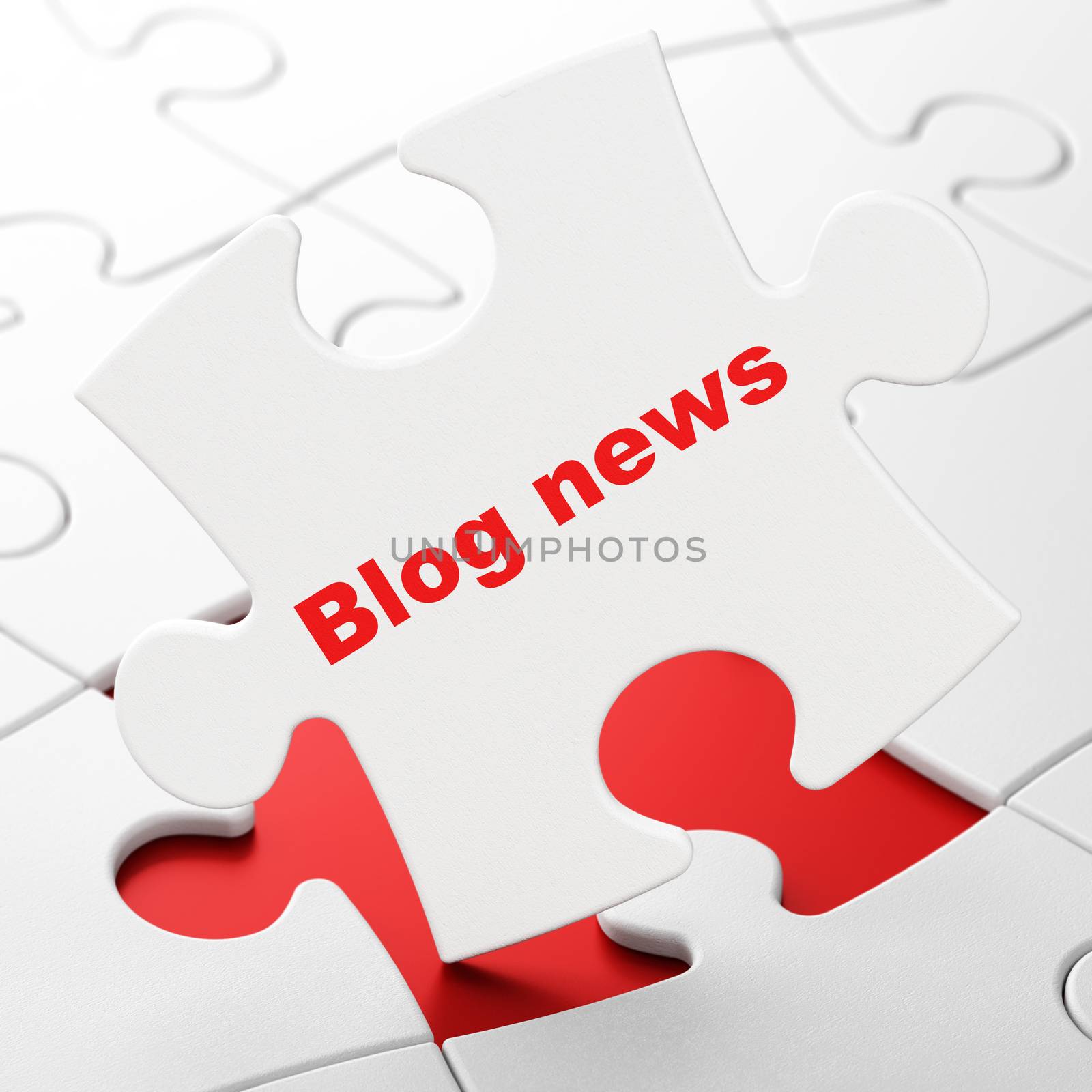 News concept: Blog News on White puzzle pieces background, 3D rendering