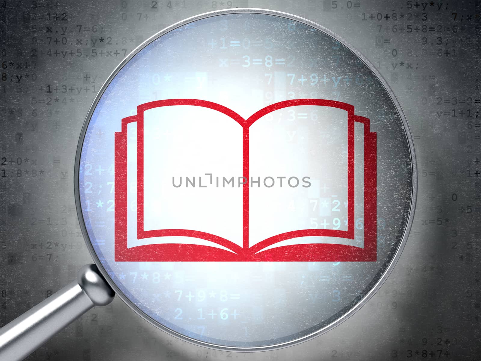 Studying concept: magnifying optical glass with Book icon on digital background, 3D rendering