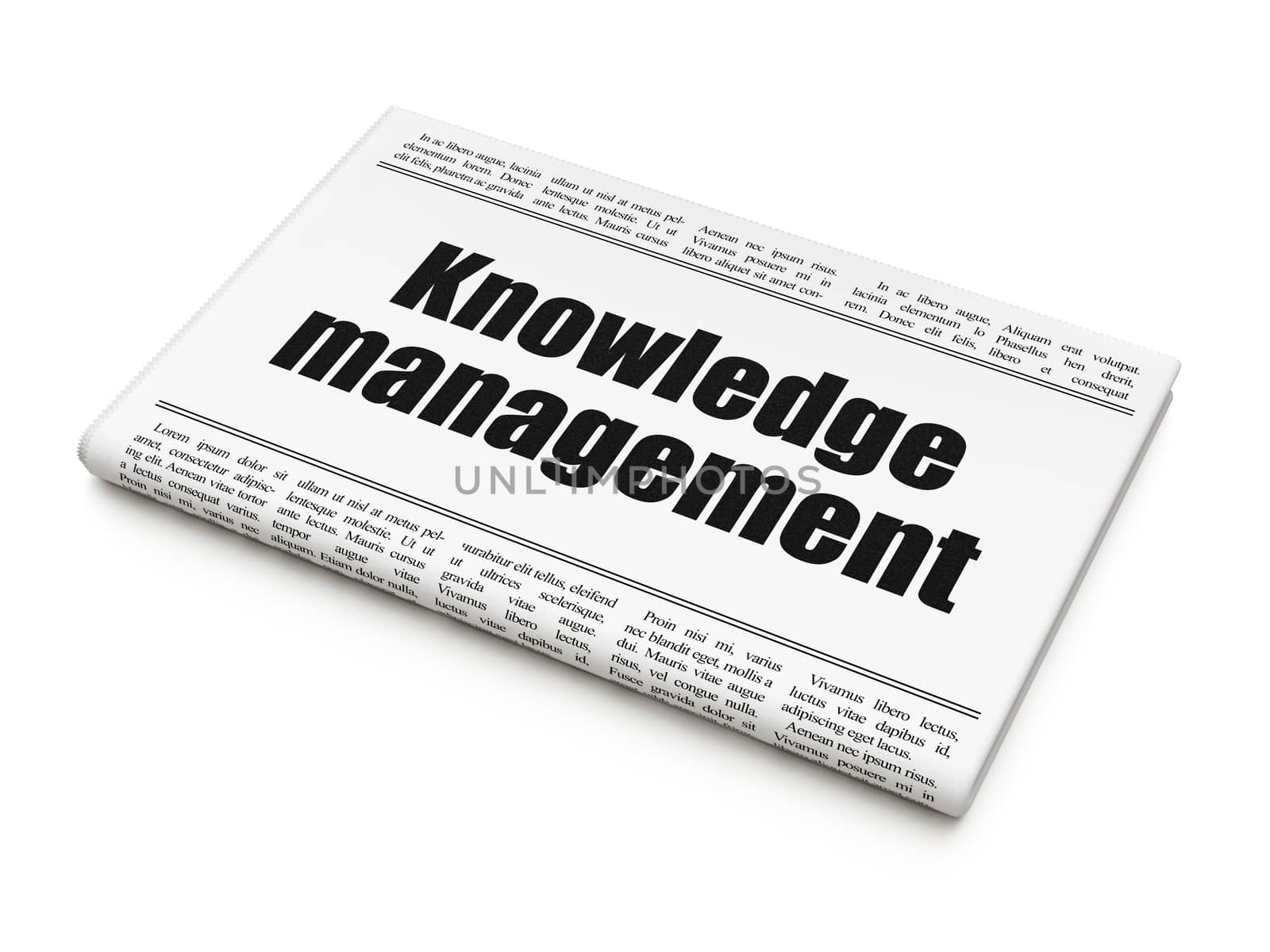 Learning concept: newspaper headline Knowledge Management on White background, 3D rendering