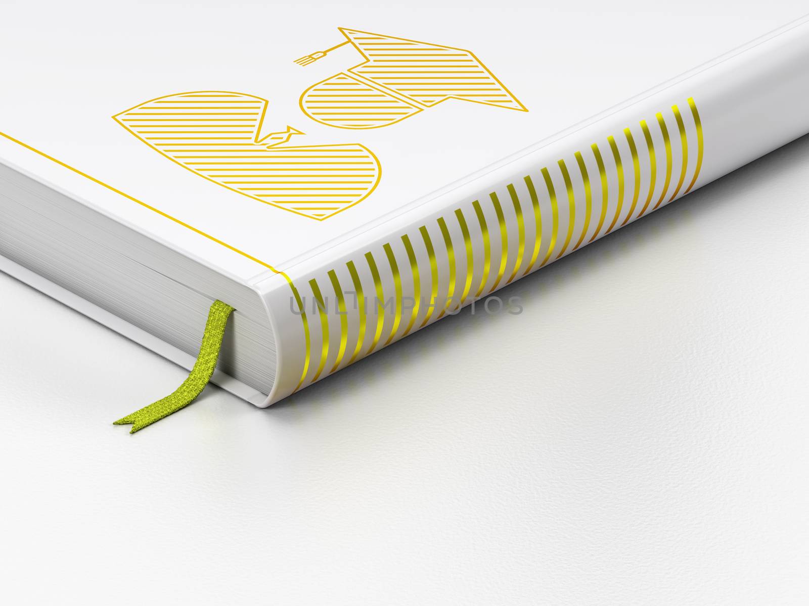 Studying concept: closed book with Gold Student icon on floor, white background, 3D rendering