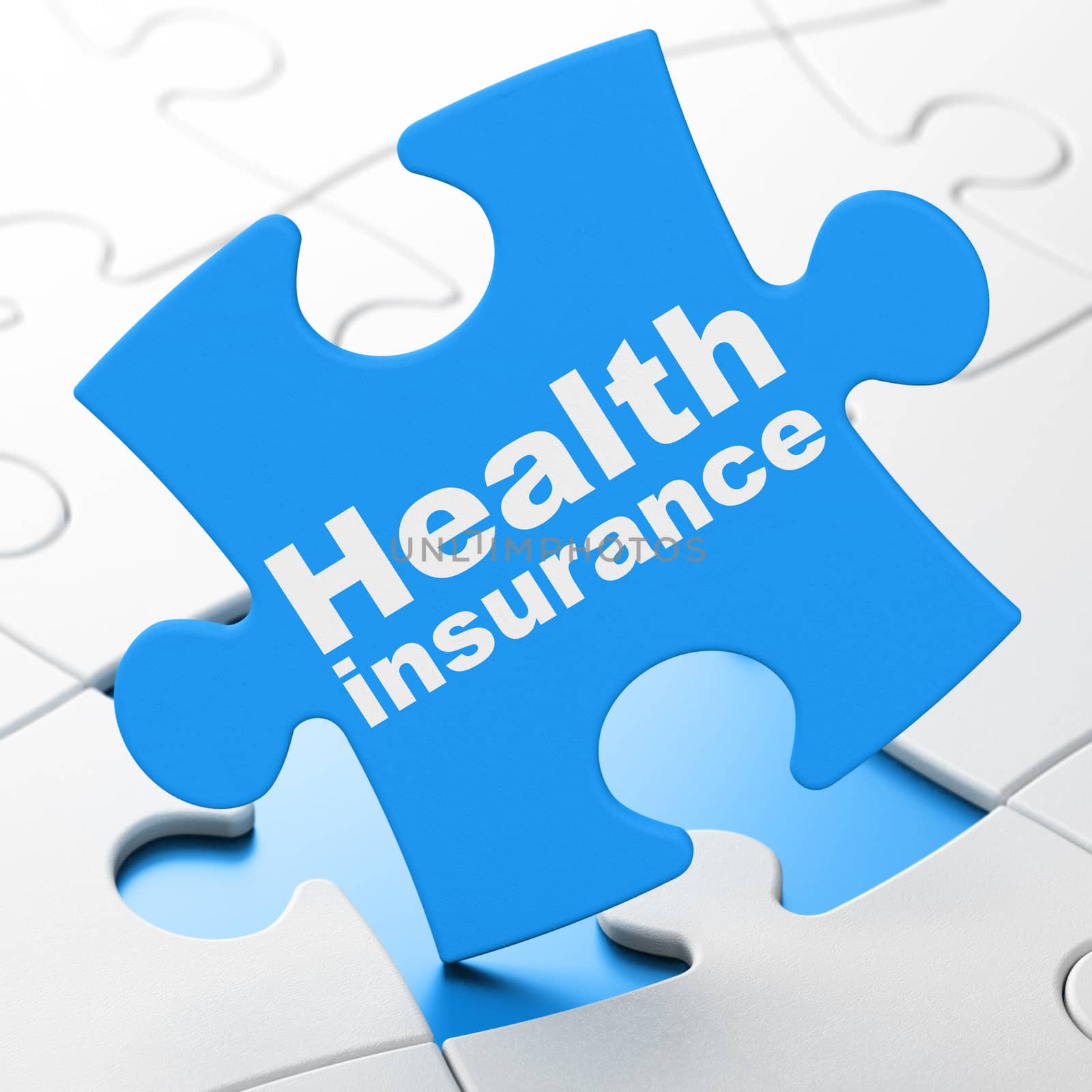 Insurance concept: Health Insurance on Blue puzzle pieces background, 3D rendering