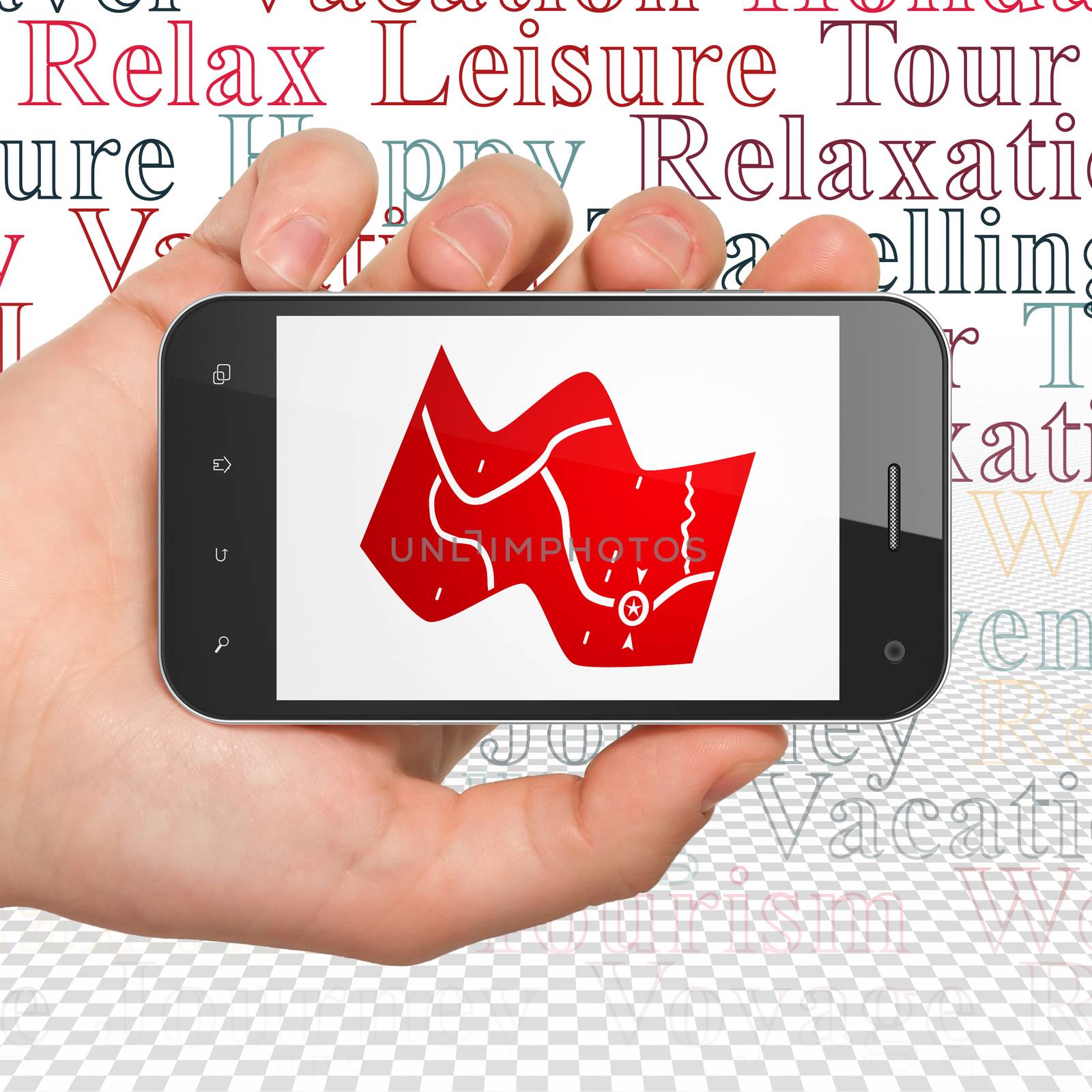 Travel concept: Hand Holding Smartphone with Map on display by maxkabakov