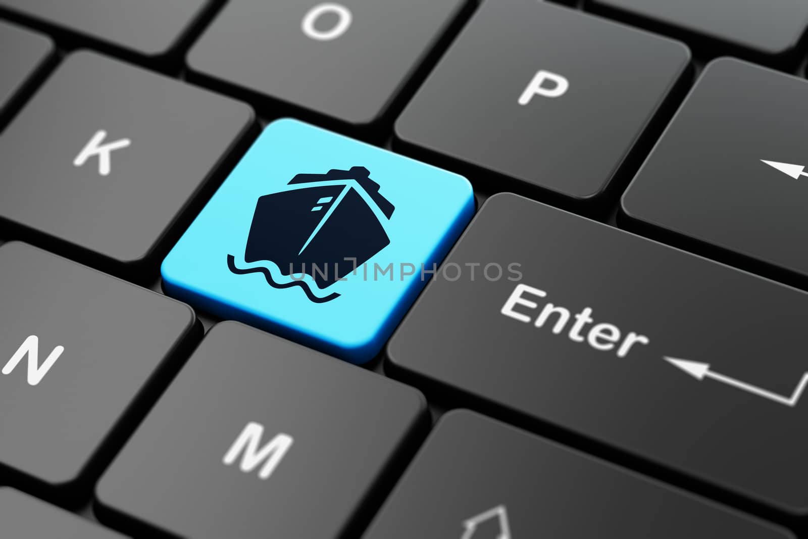 Vacation concept: computer keyboard with Ship icon on enter button background, 3D rendering