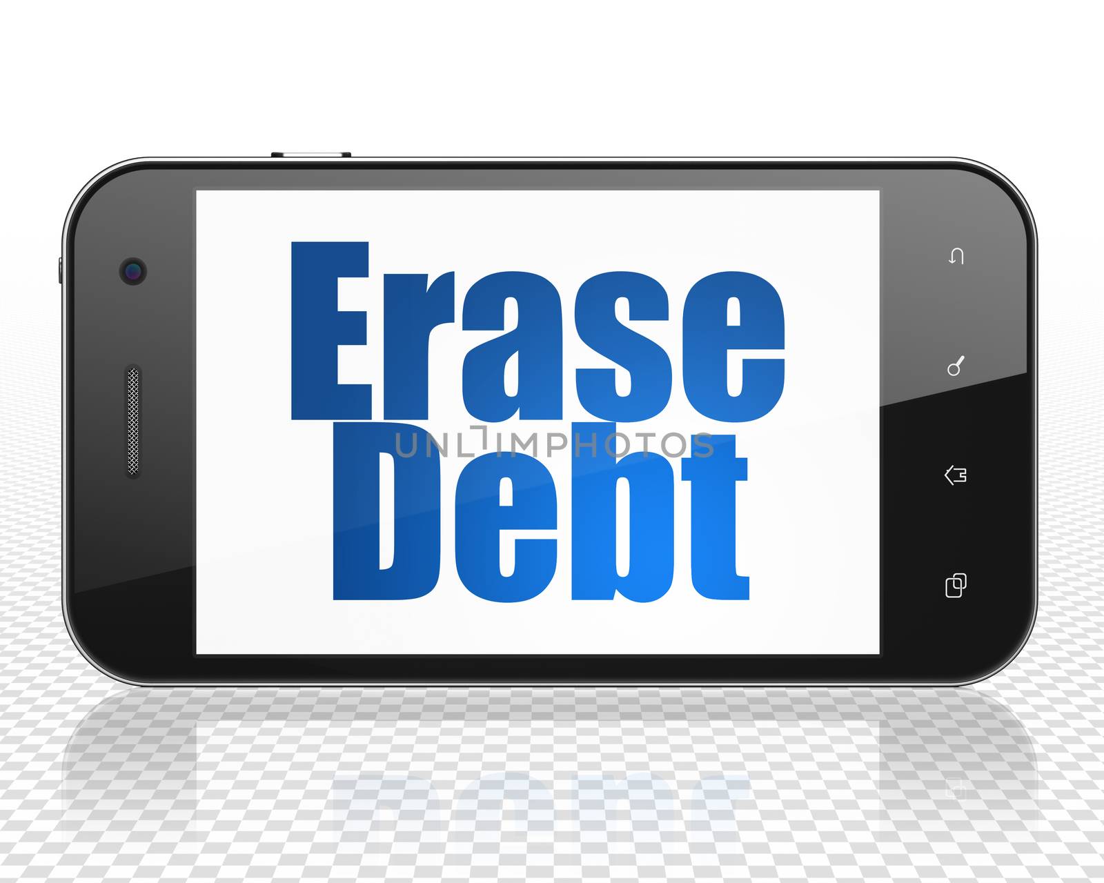 Business concept: Smartphone with blue text Erase Debt on display, 3D rendering