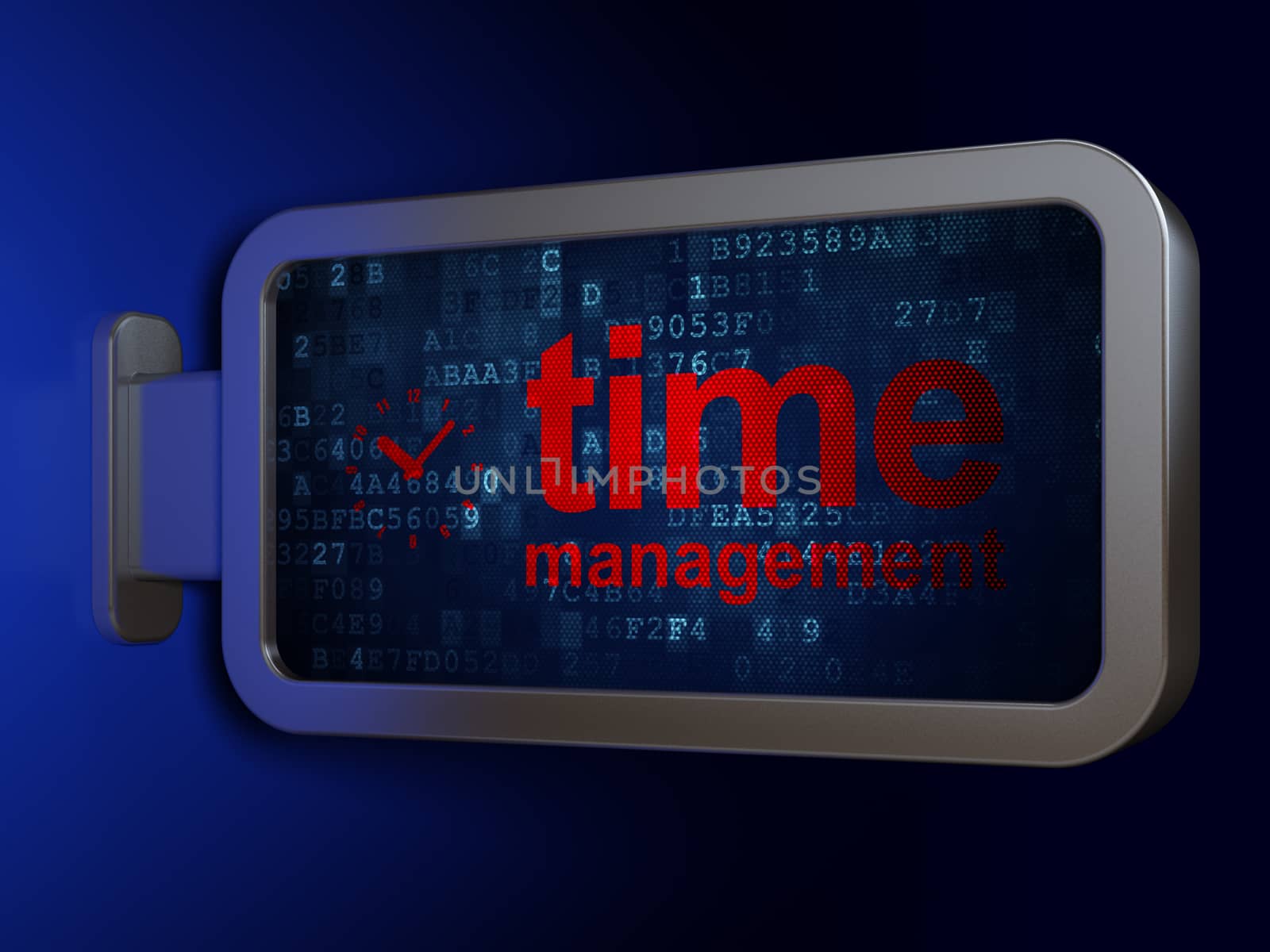 Time concept: Time Management and Clock on advertising billboard background, 3D rendering