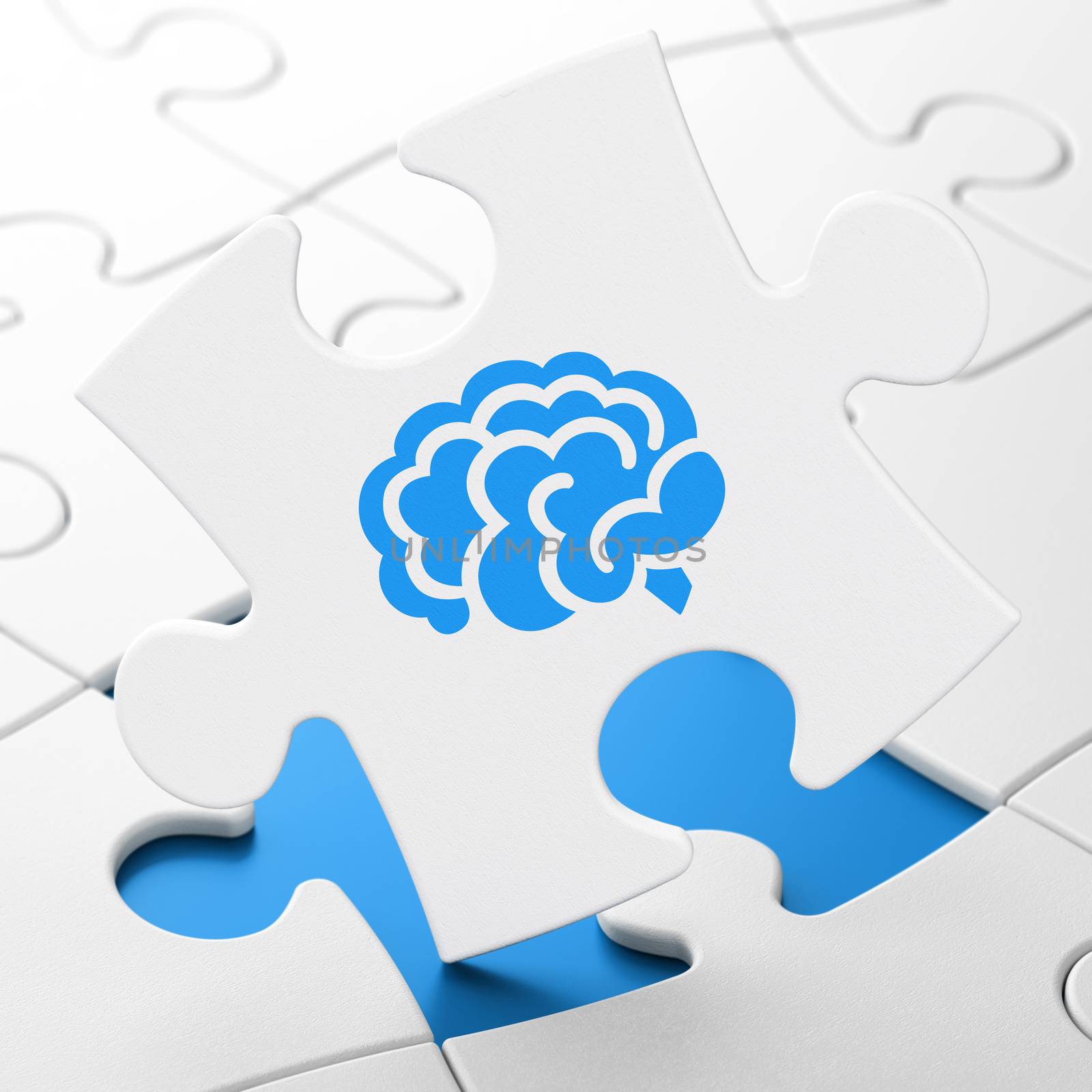 Science concept: Brain on White puzzle pieces background, 3D rendering