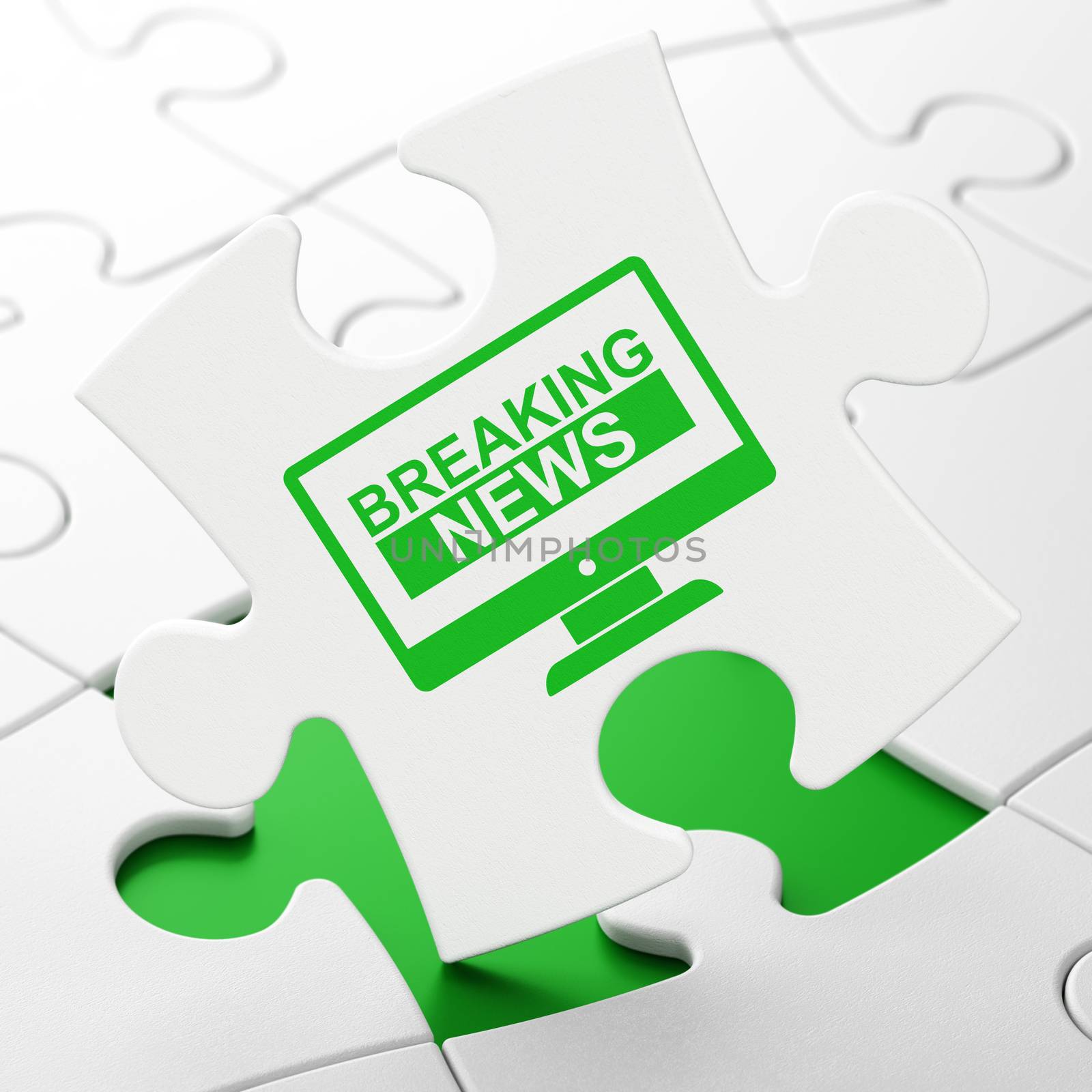 News concept: Breaking News On Screen on White puzzle pieces background, 3D rendering
