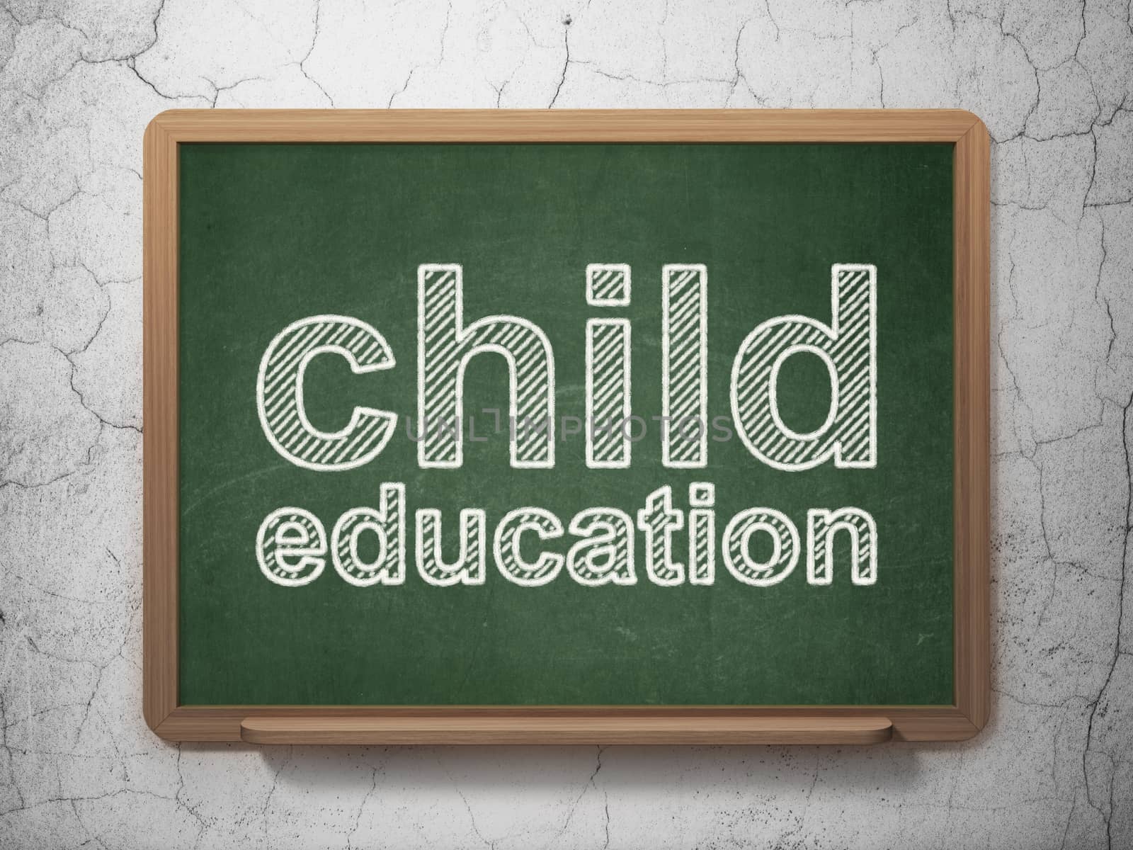 Learning concept: text Child Education on Green chalkboard on grunge wall background, 3D rendering