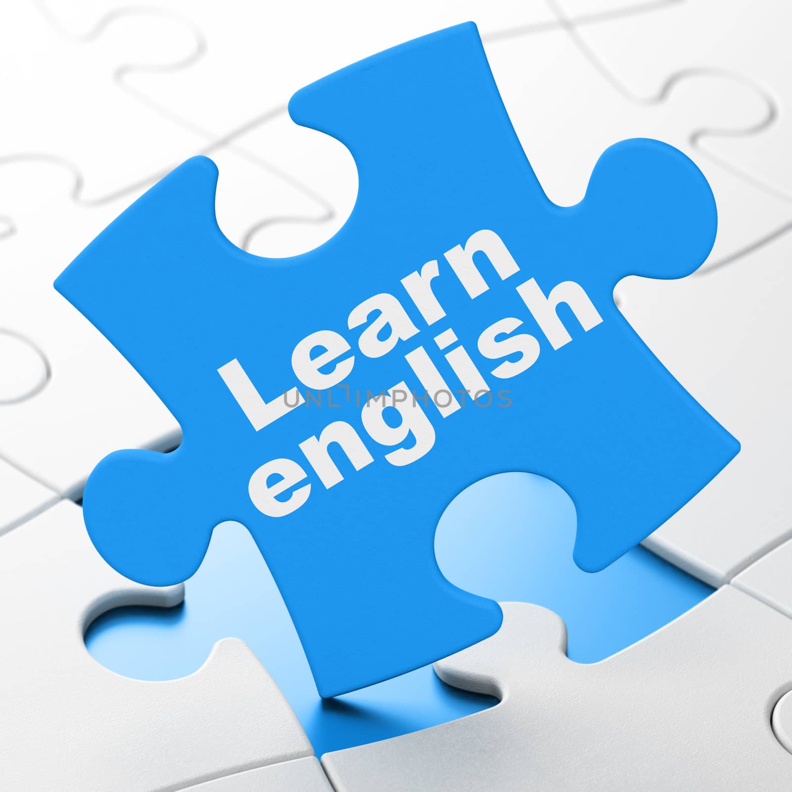 Learning concept: Learn English on Blue puzzle pieces background, 3D rendering