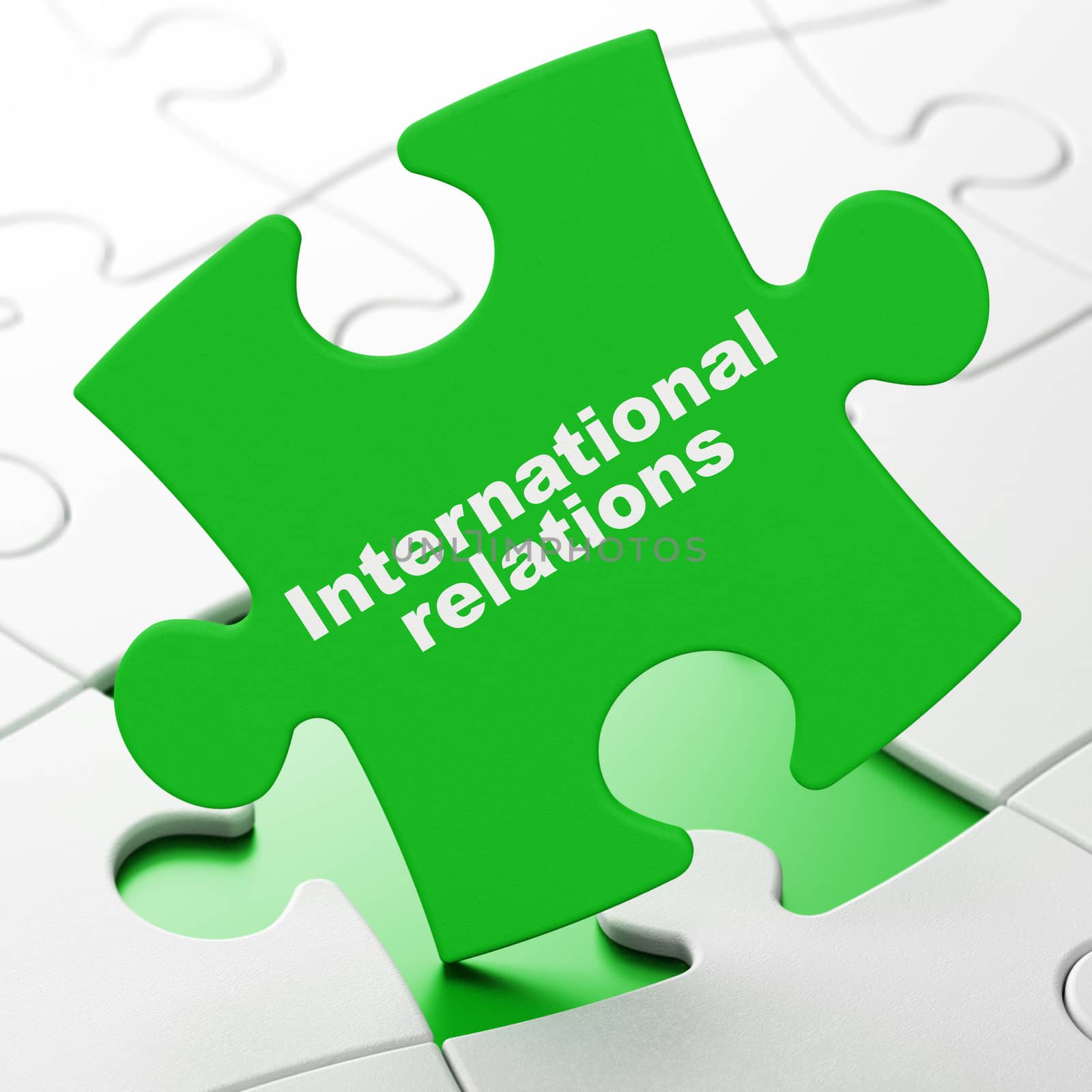 Political concept: International Relations on Green puzzle pieces background, 3D rendering