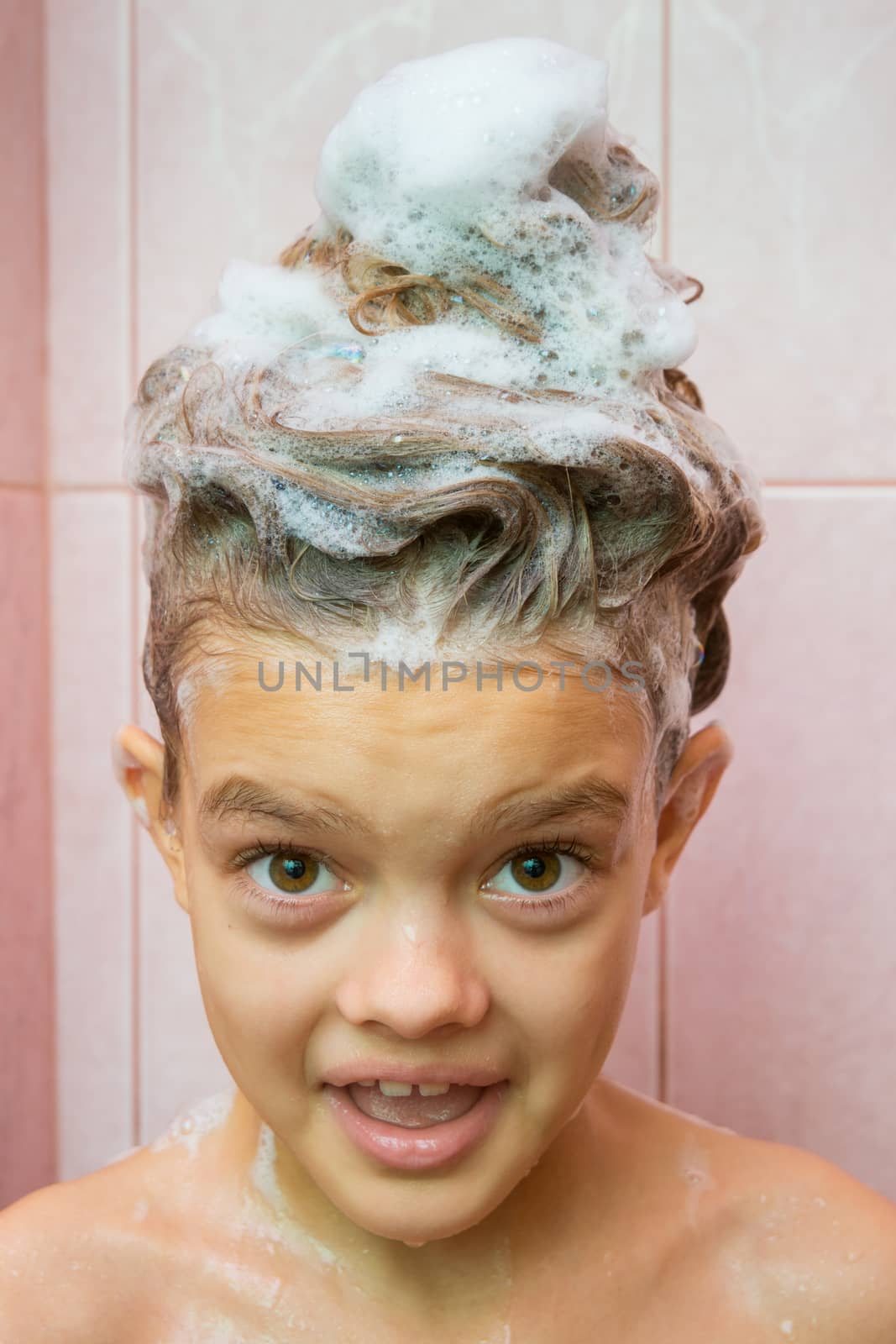 Portrait of a seven-year girl with soapy hair by Madhourse