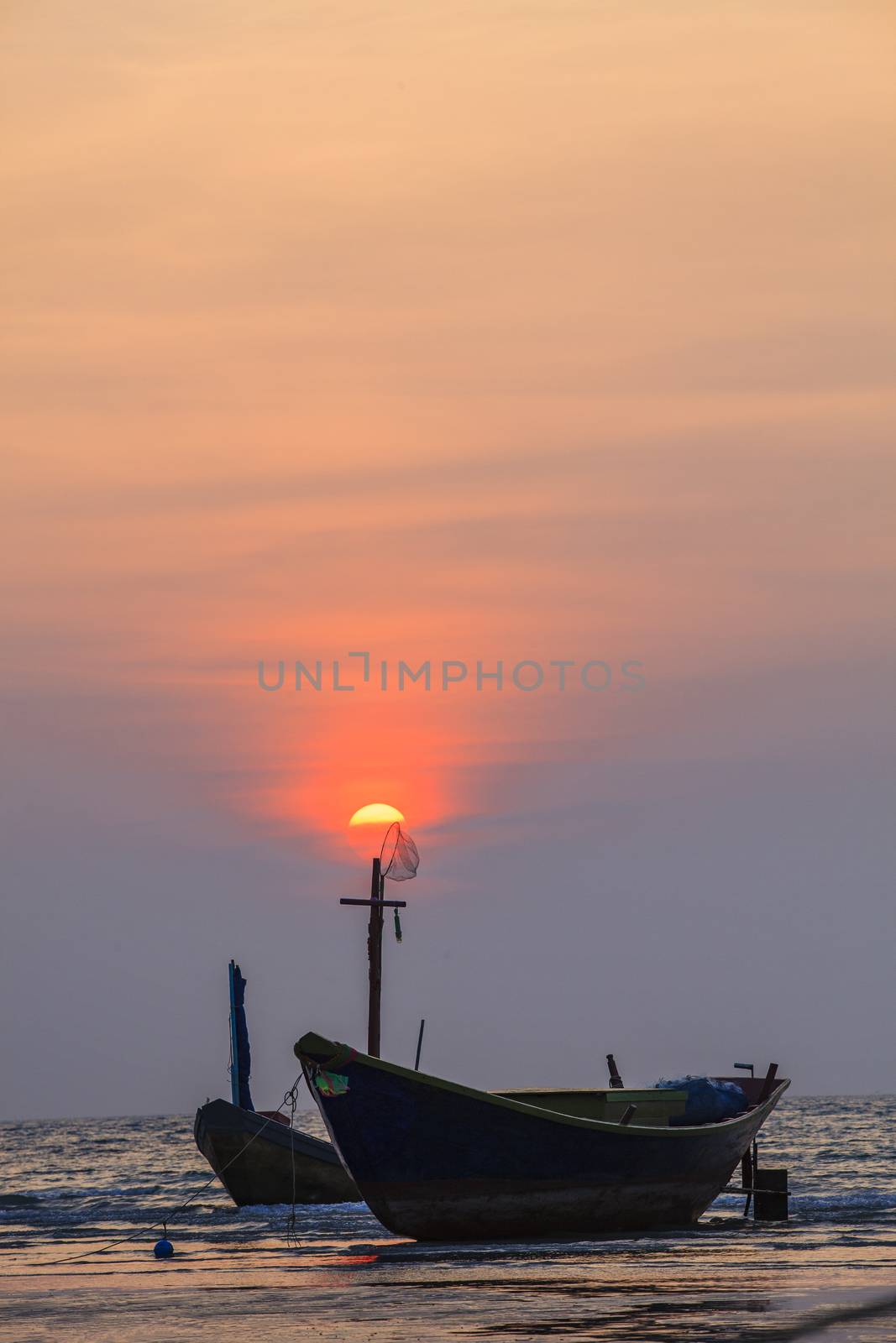 fisher boat and sun set sky at kon aow had mae rumpung rayong ea by khunaspix