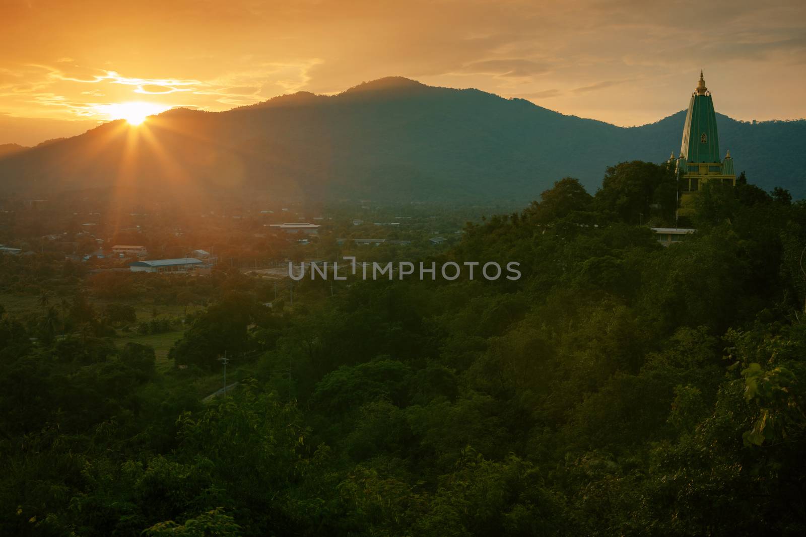 beautiful landscape sun rising sky and buddha pagoda in chonburi by khunaspix