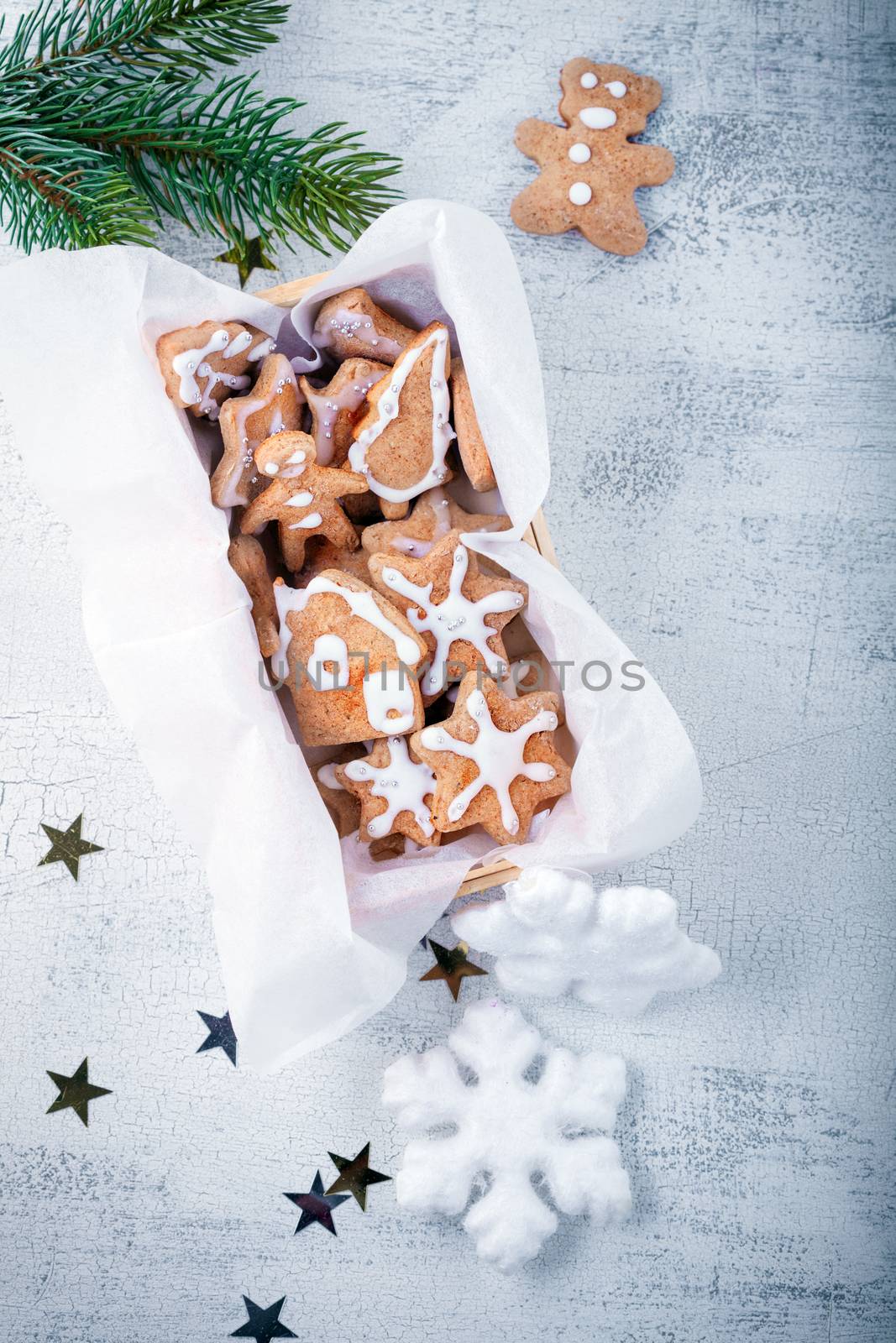 Christmas gingerbread with holiday decoration on a white background.