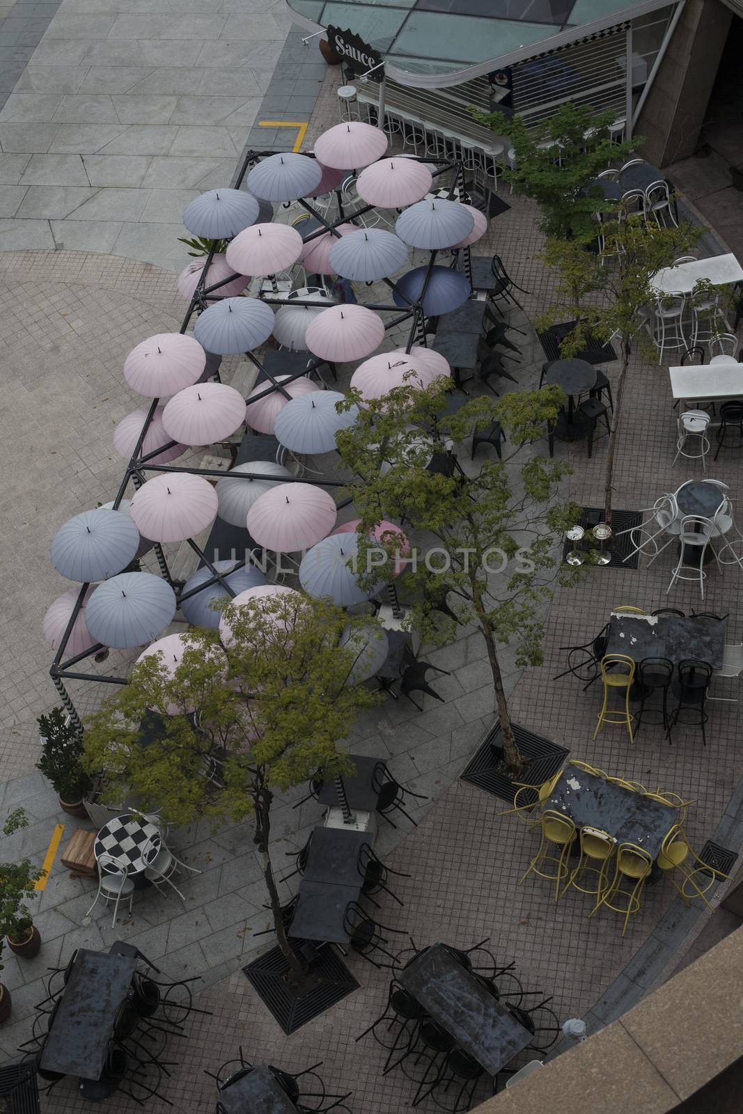Rest Cafe without people in the street. View from above