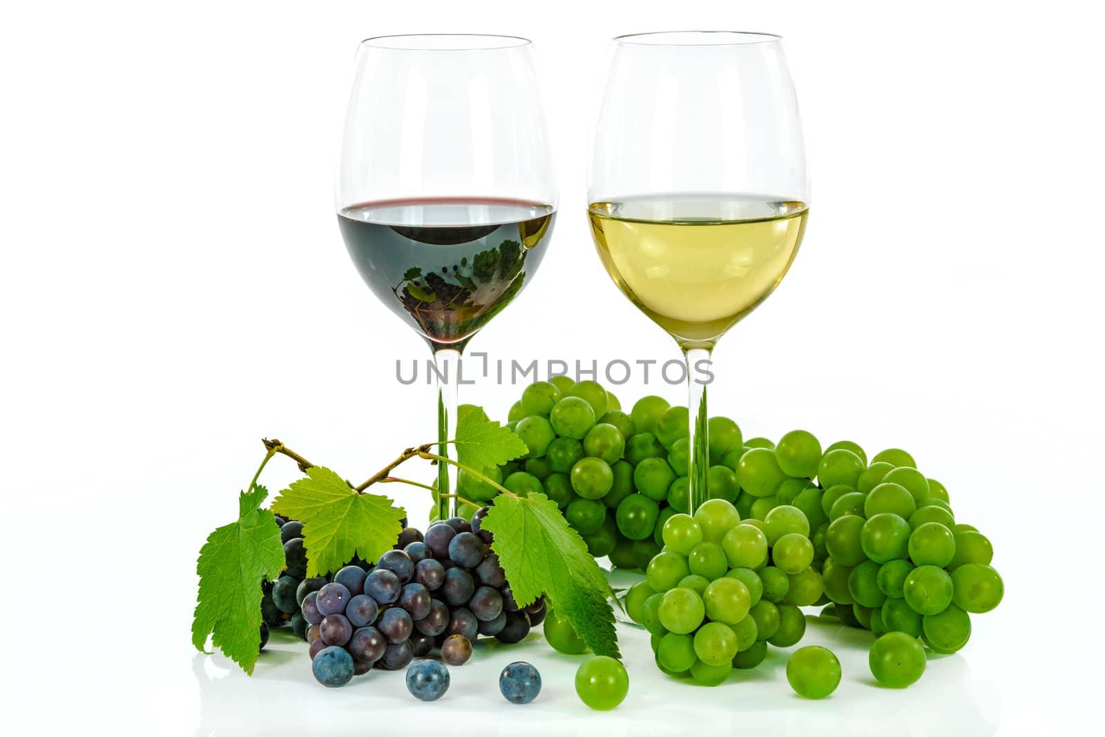 Red and white wine with grapes isolated on a white background