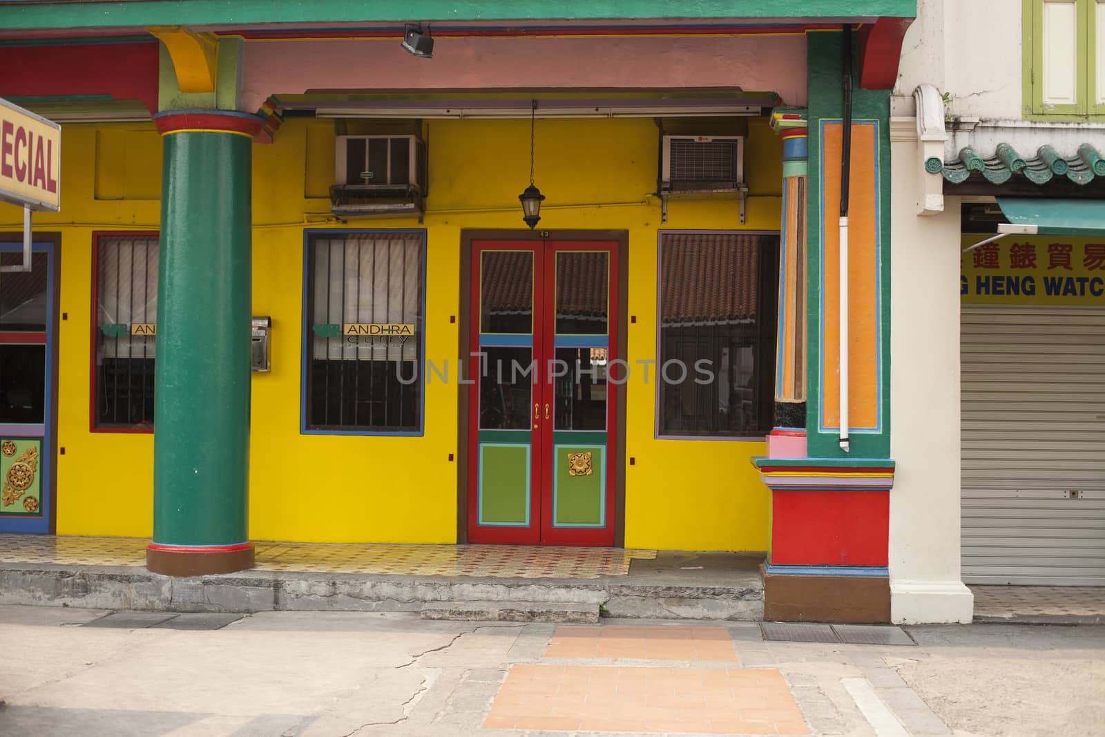 Colorful old building without people in Singapore