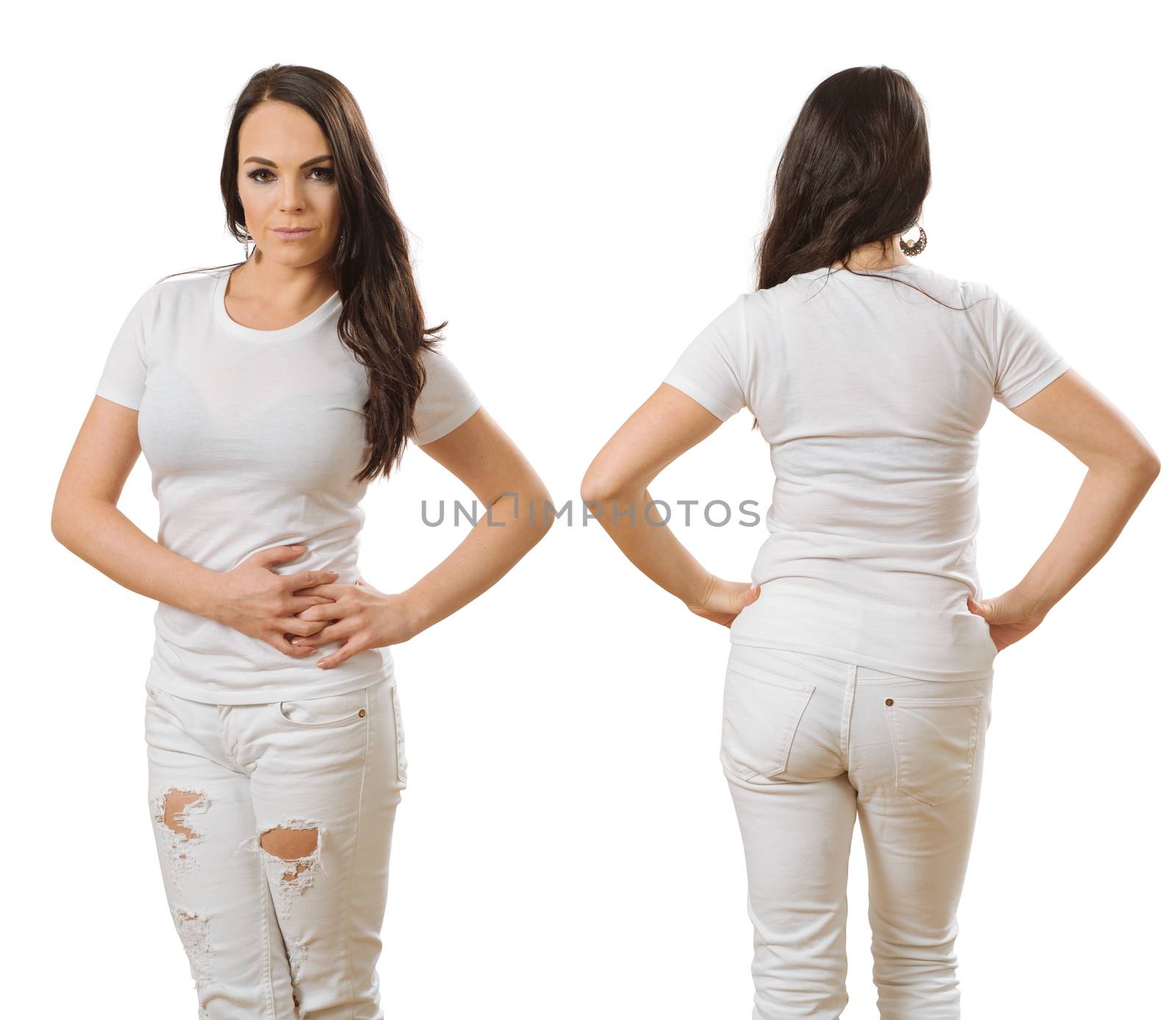 Photo of a woman posing with a blank white t-shirt, ready for your artwork or design.