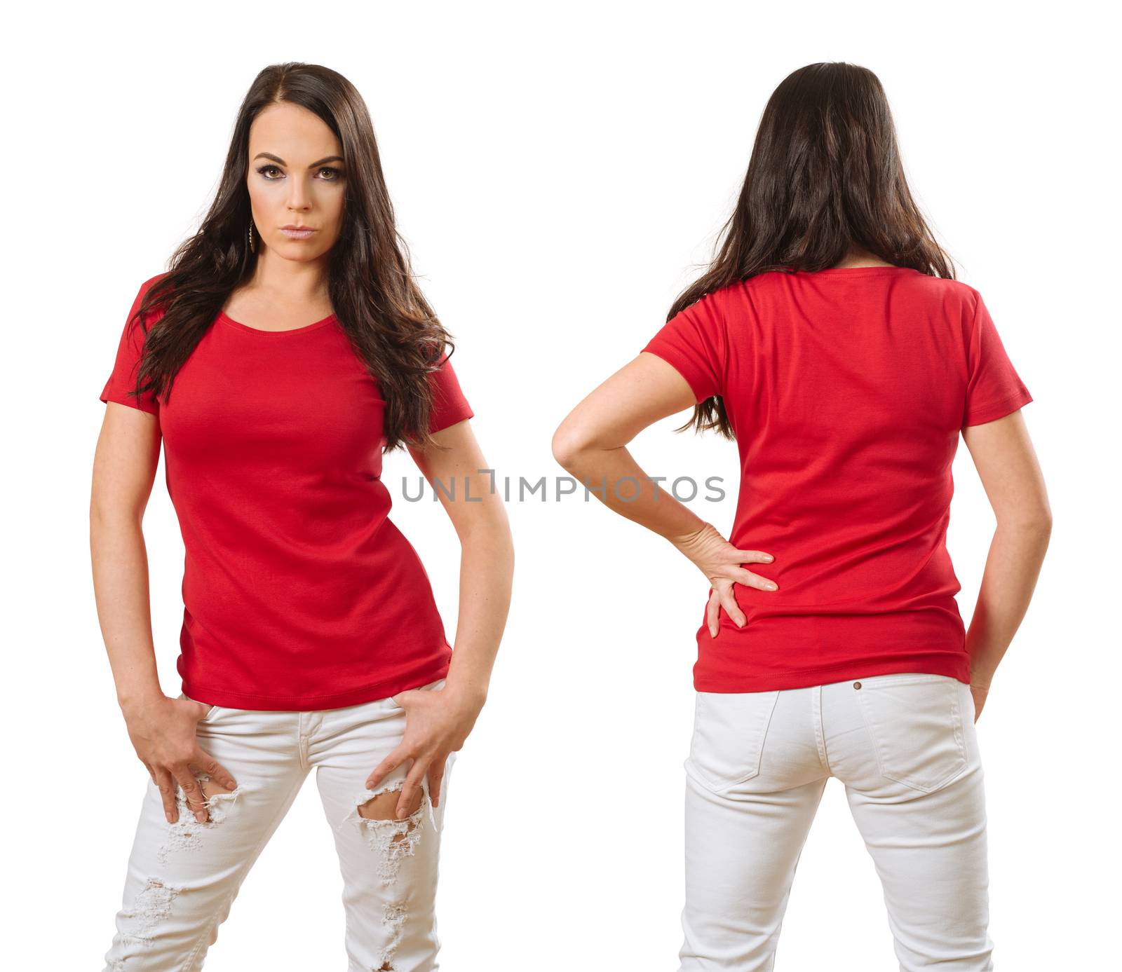 Woman wearing blank red shirt front and back by sumners