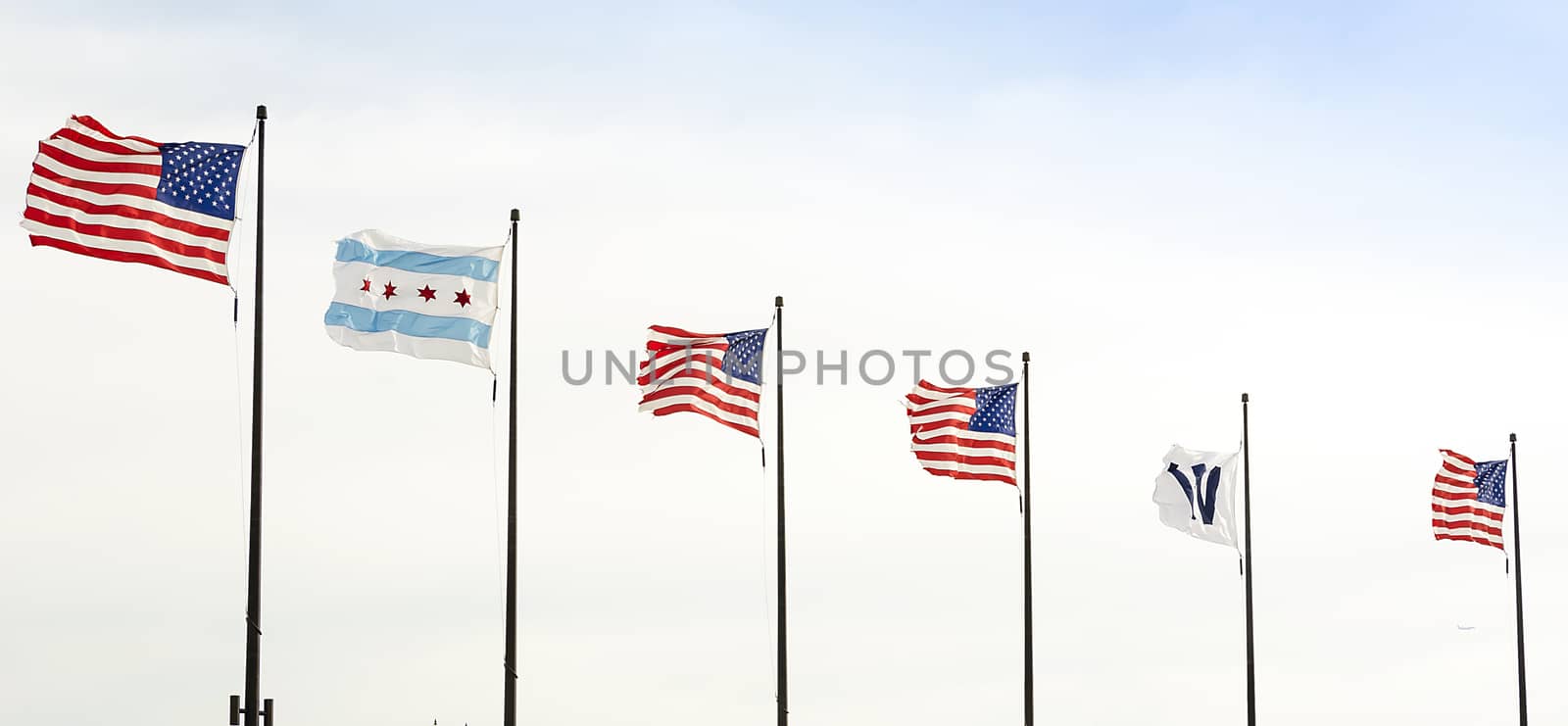 American Flags at Pier of Windy City. Chicago USA.