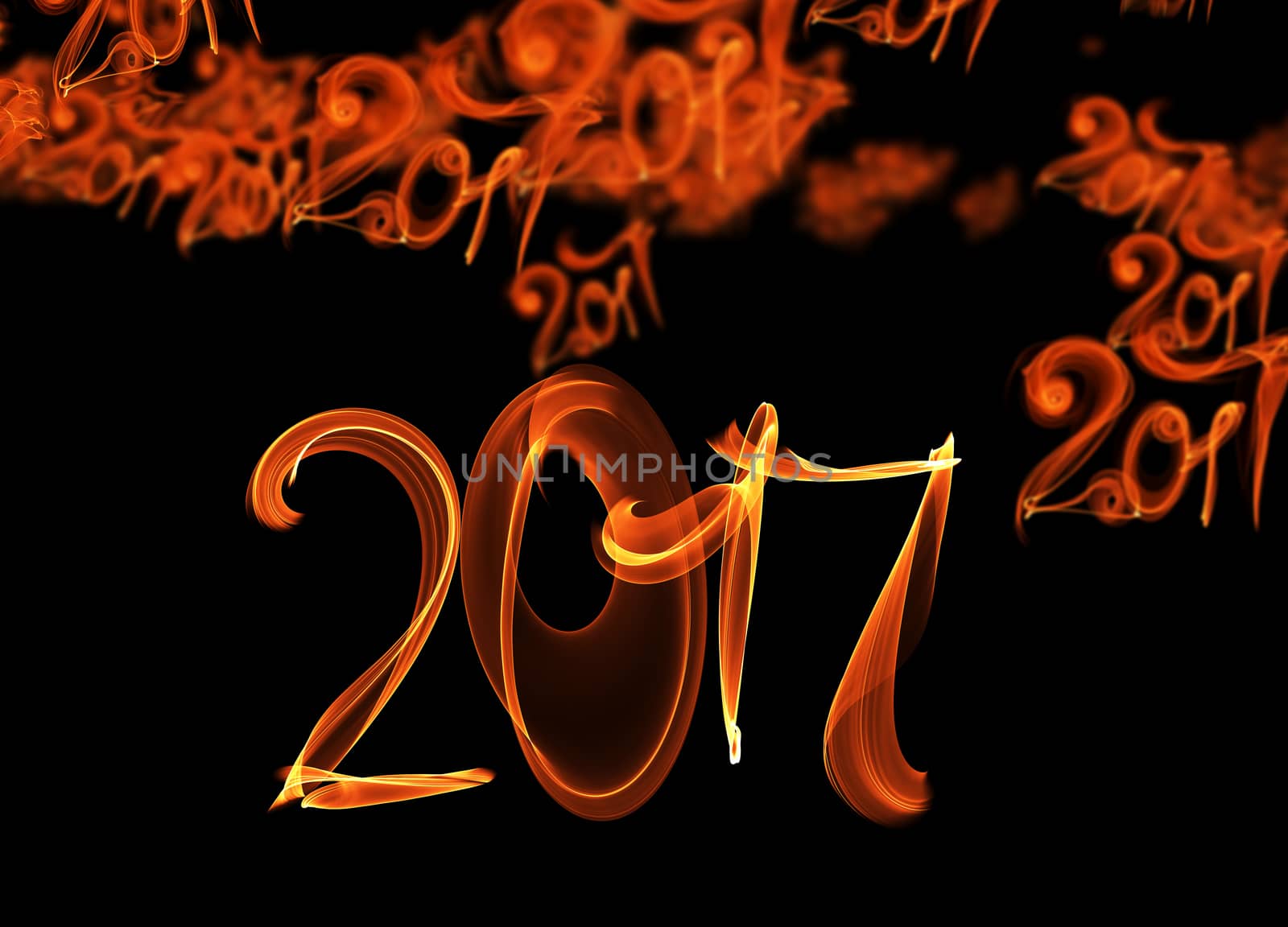 Happy new year 2017 flying digits numbers written with fire flame light on black background by skrotov