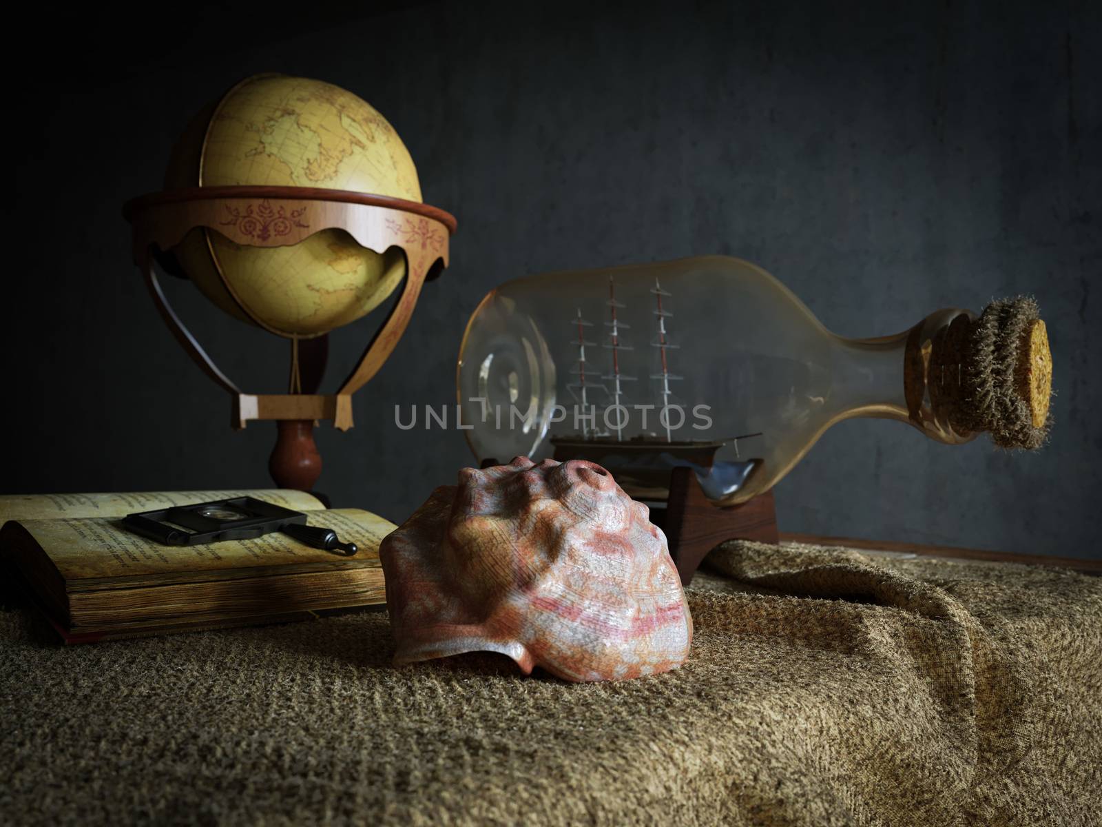 Seashell in interior scene with globe and ship in the bottle concept photo by denisgo