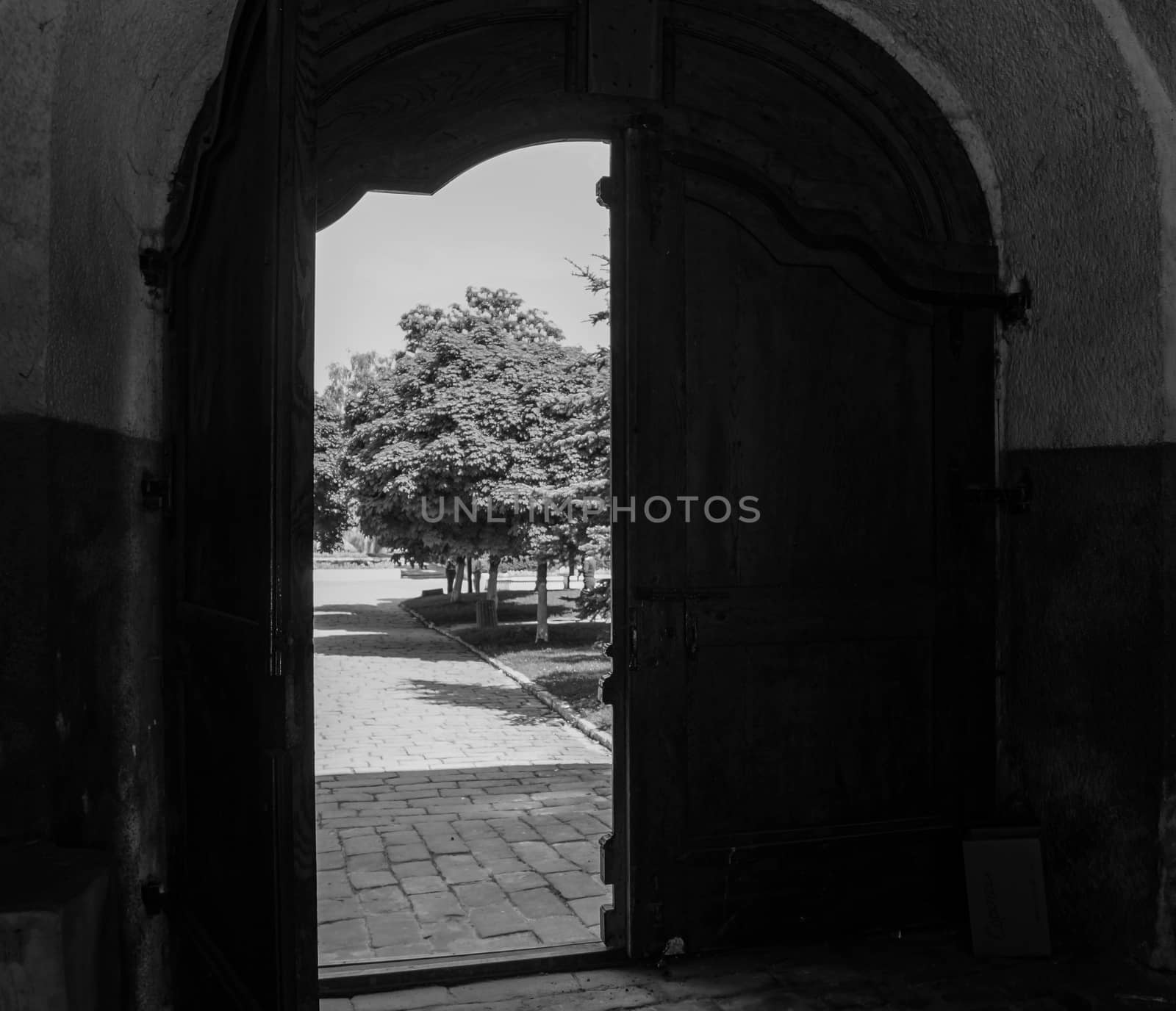 View of the city through open doors