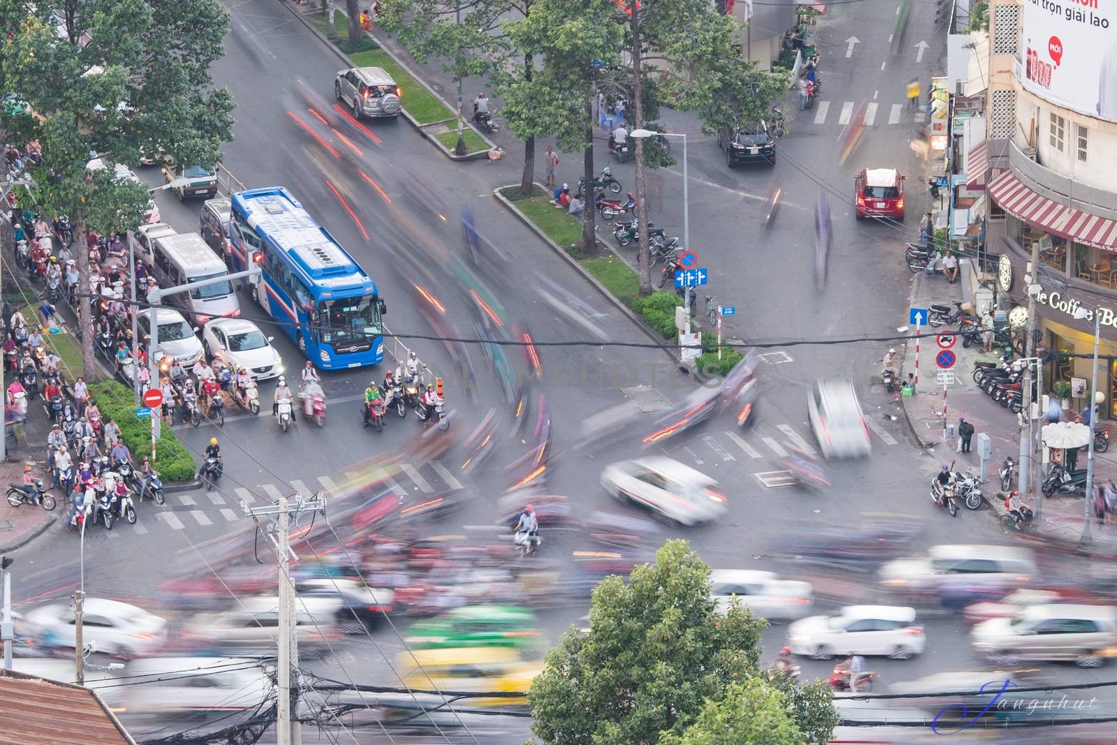 Traffic in rush hour, view from a rooftop of building. Hochiminh is the biggest city in Southern of Vietnam