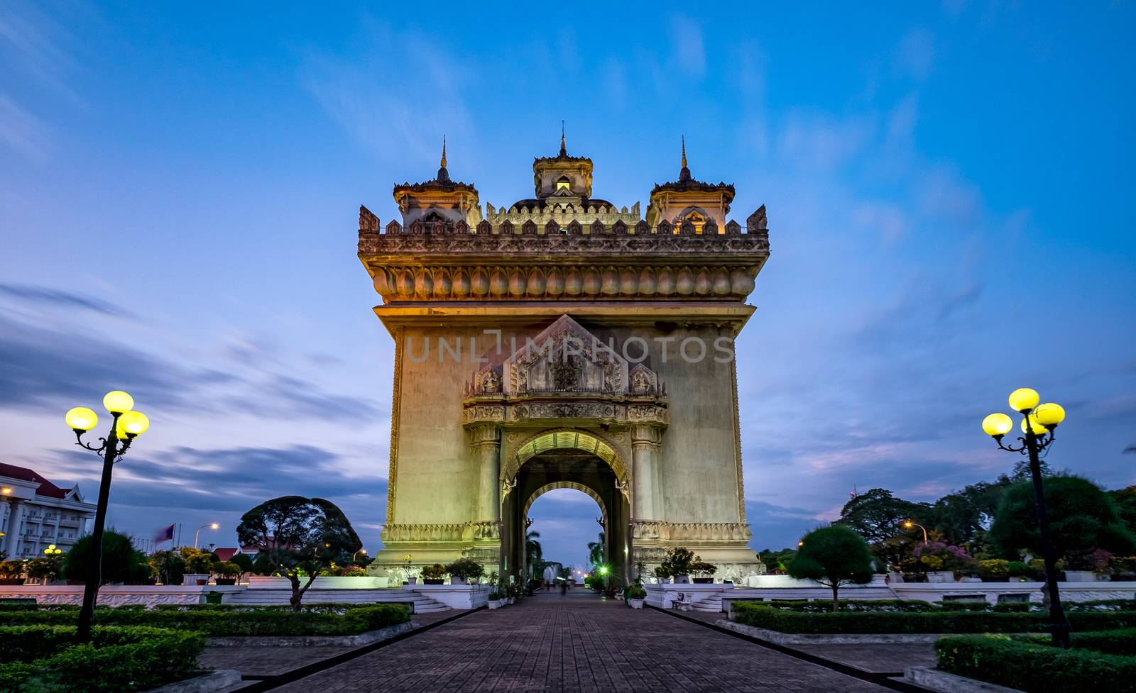 Patuxay monument is dedicated to the deads during the Independance war from France, shot during the blue hour in Vientiane, the capital city of Laos