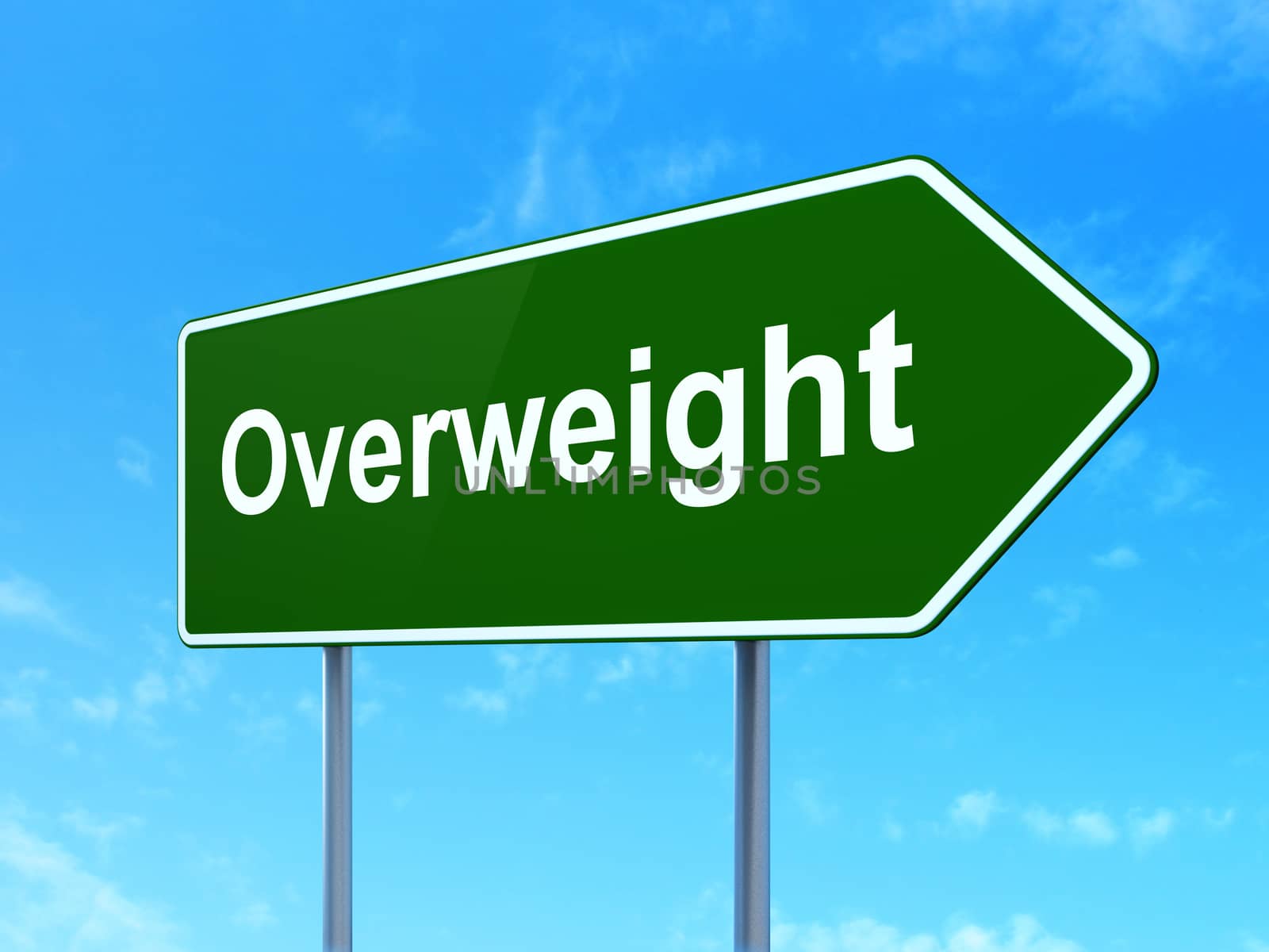 Healthcare concept: Overweight on green road highway sign, clear blue sky background, 3D rendering