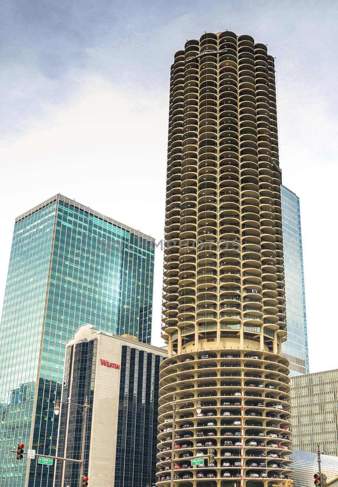 Chicago, Illinois - September 5, 2015: Marina City is a complex of two 60-story towers built in 1964 in Chicago, USA. Apartments, offices, restaurants, banks, theater,18 stories of parking space