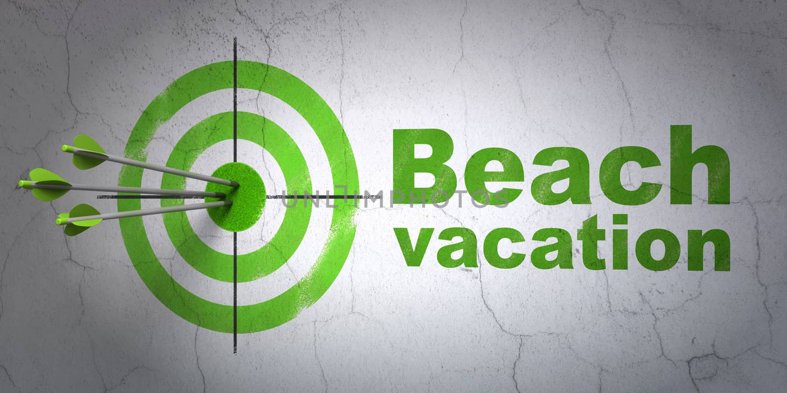 Success travel concept: arrows hitting the center of target, Green Beach Vacation on wall background, 3D rendering