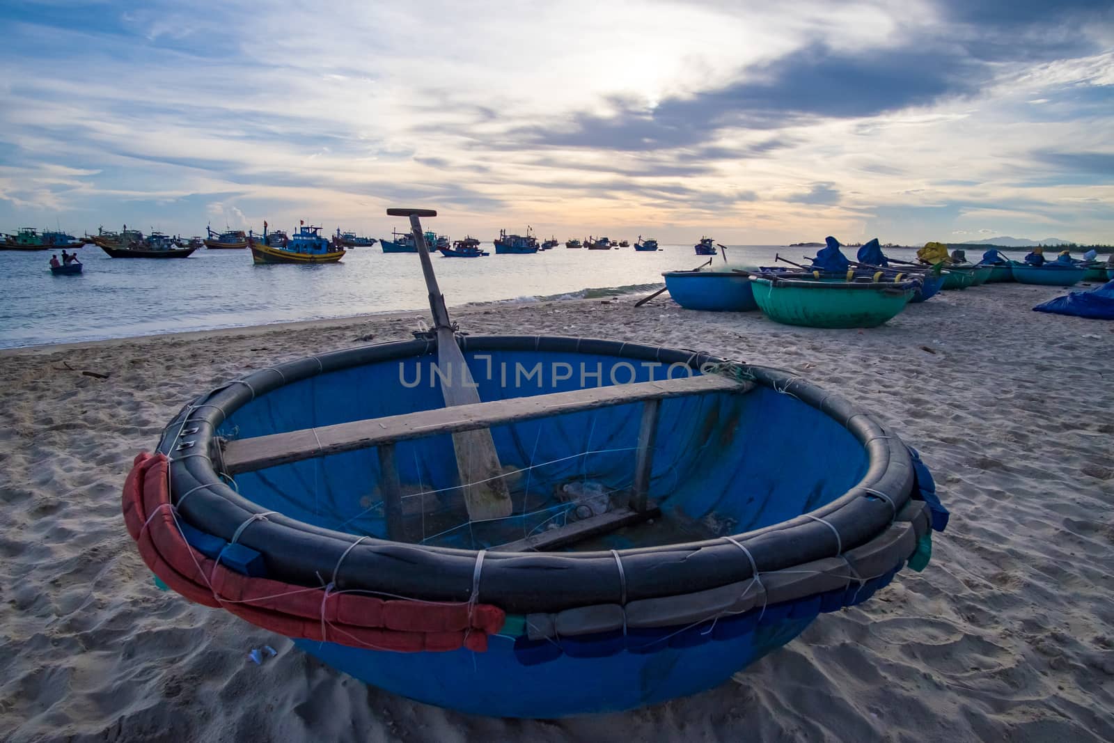 Basket boat in the morning. MUI KE GA, BINH THUAN, VIETNAM