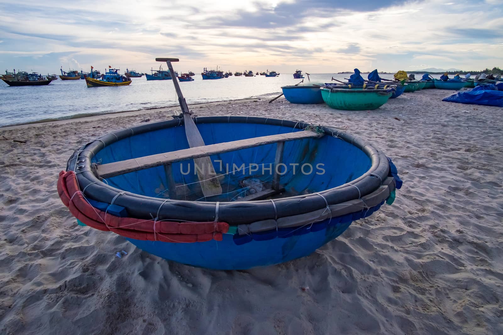 Basket boat in the morning. MUI KE GA, BINH THUAN, VIETNAM