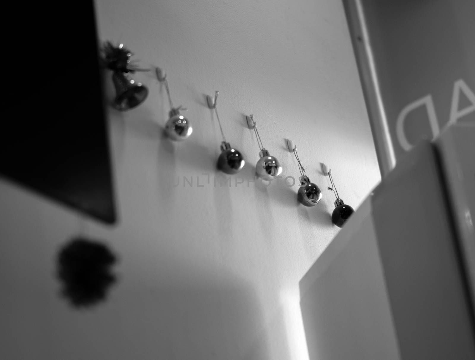 BLACK AND WHITE PHOTO OF CHRISTMAS ORNAMENTS