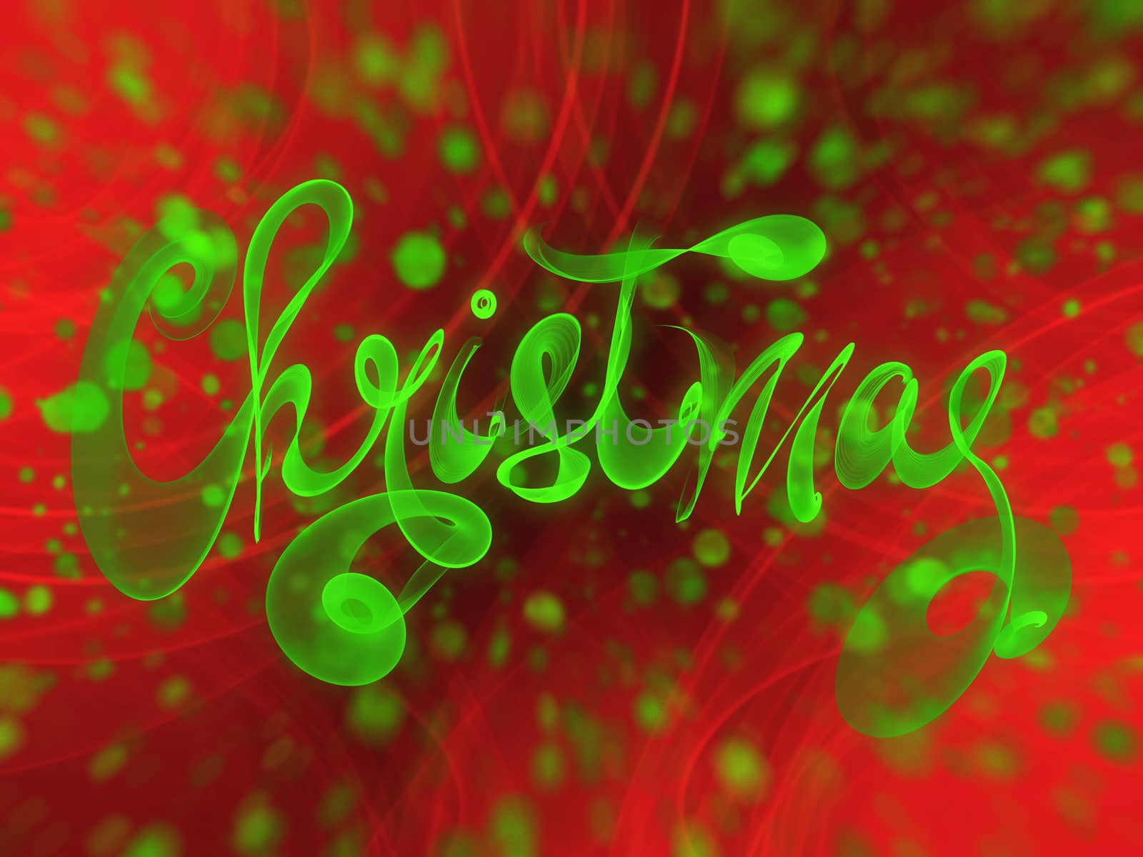 Christmas word lettering written with green fire flame or smoke on blurred bokeh background.