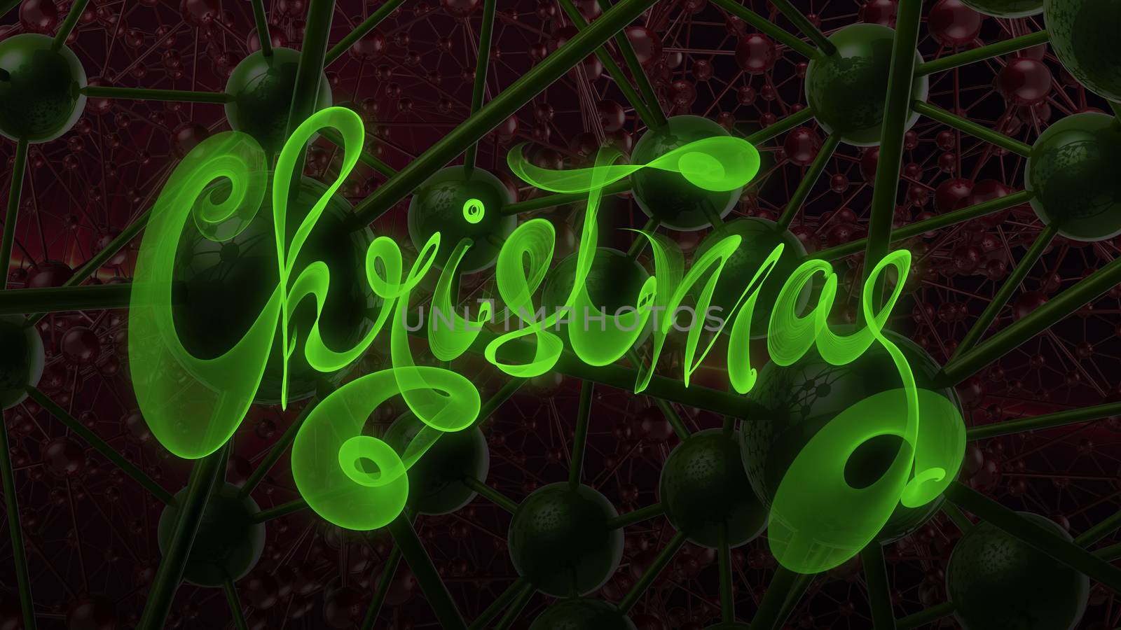 Christmas word lettering written with green fire flame or smoke on molecular hitech network background. 3d illustration.