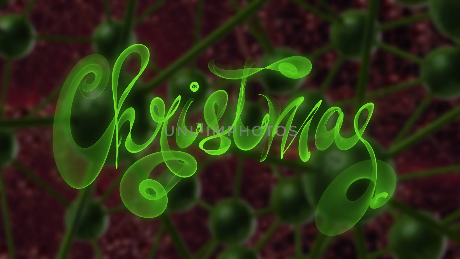 Christmas word lettering written with green fire flame or smoke on molecular hitech network background. 3d illustration by skrotov