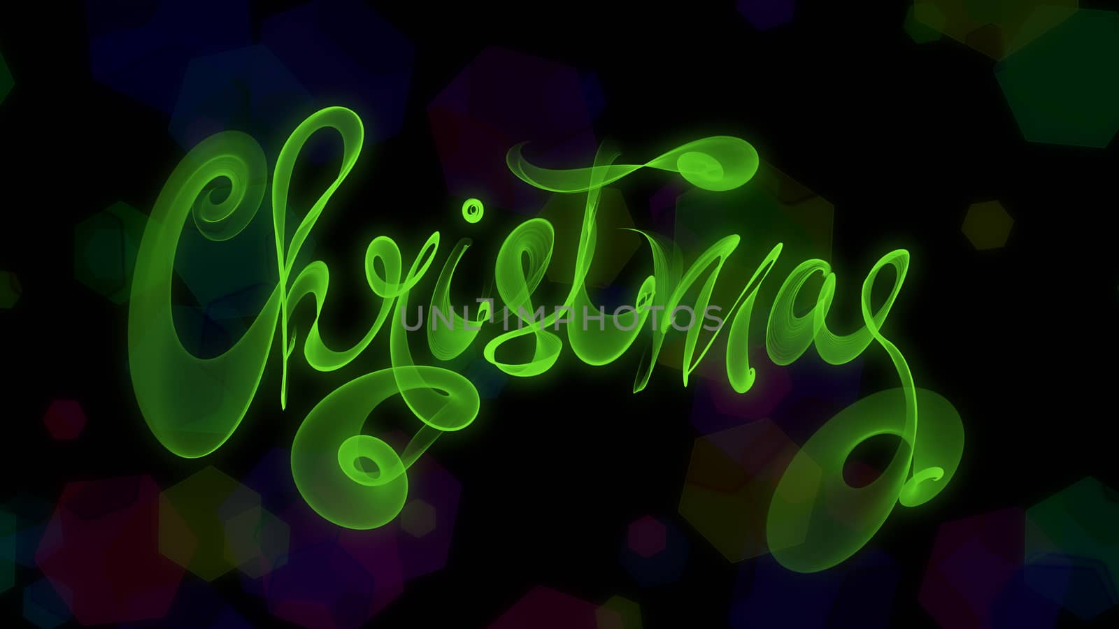 Christmas word lettering written with green fire flame or smoke on blurred bokeh background.